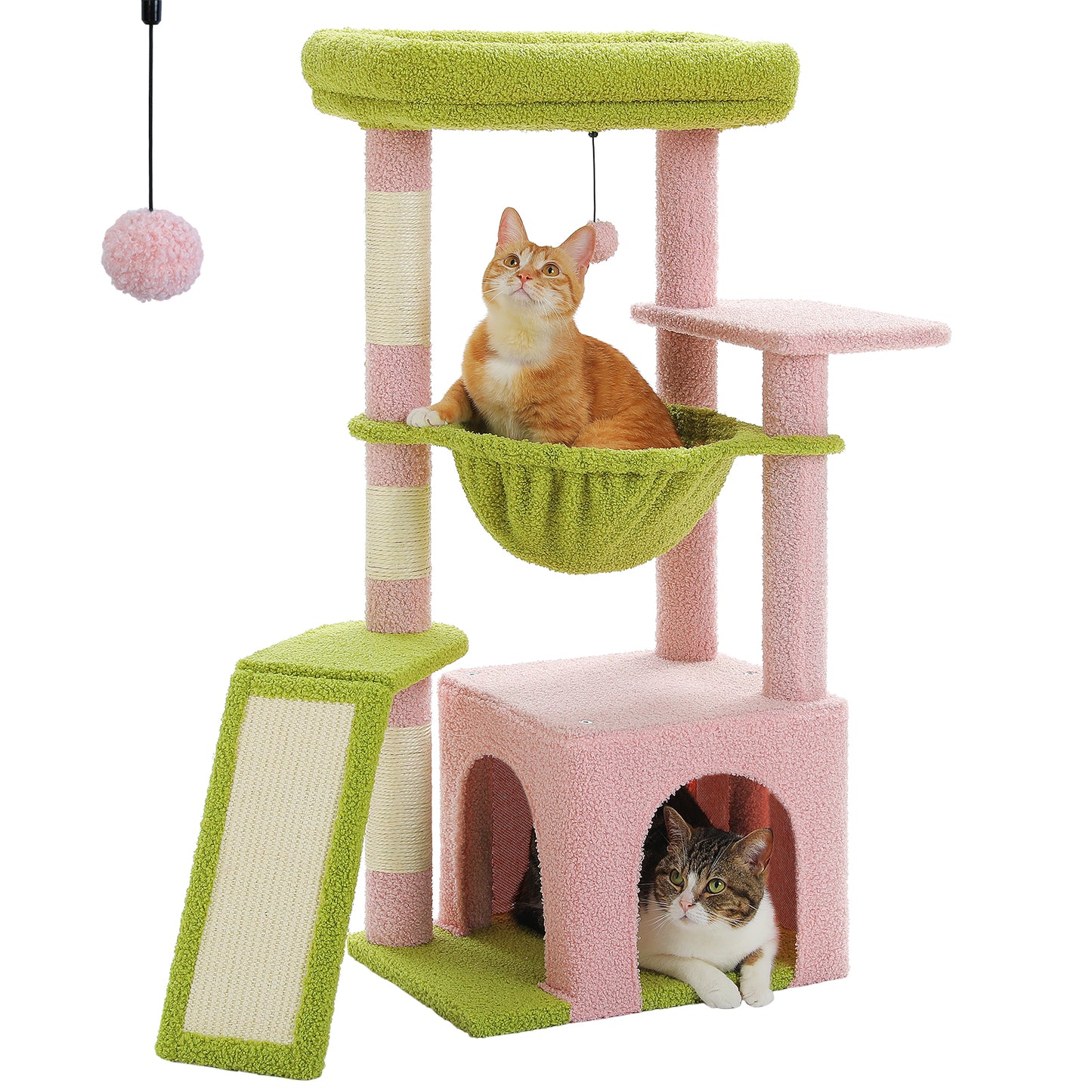 Albero per gatti da interno PAWZ Road | Torre tiragraffi verde da 90 cm | con spaziosa cuccia | 1 piano in sisal | 3 tiragraffi | Amaca XXL e piattaforma panoramica