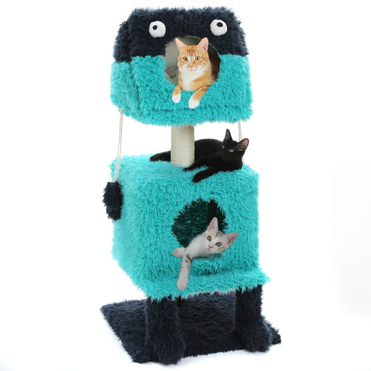 PAWZ Road Monster-Casa para gatos y rascador 2-en-1 | Color azul | Con cueva de sueño desmontable | Diseño de doble cueva | Cama térmica
