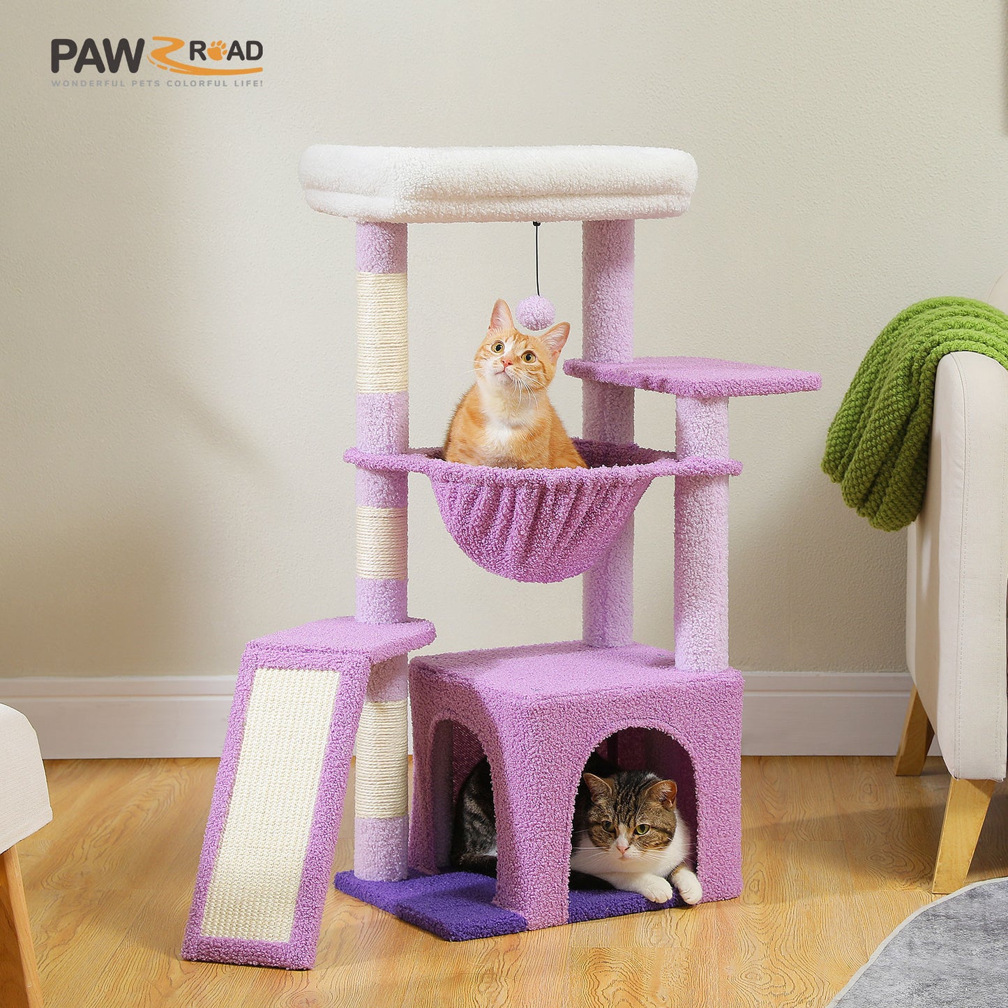 PAWZ Road Indoor-Katzenbaum | 90 cm grüner Kratzturm | mit geräumigem Schlafhaus | 1 Sisal-Ebene | 3 Kratzsäulen | XXL-Hängematte & Aussichtsplattform