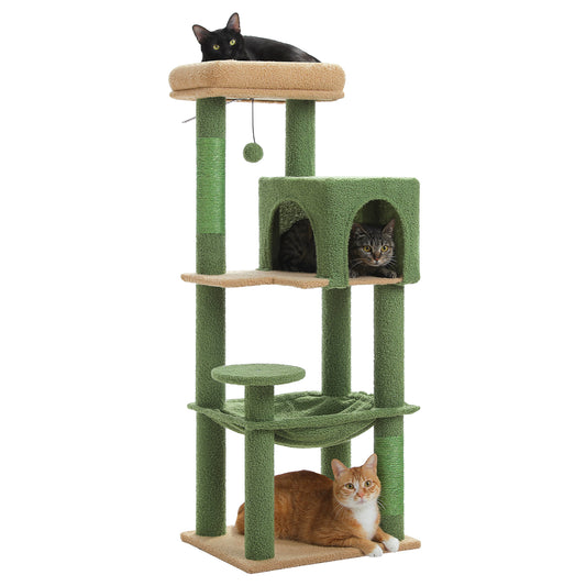 PAWZ Road 116 cm Katzenbaum mittelgroßer Kratzturm mit 4 Sisal-Kratzpfosten, Metallrahmen großer Hängematte und gemütlichem Schlafhaus, Aktivitätszentrum stabil und robust