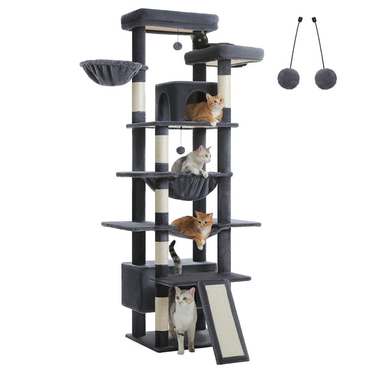 PAWZ Road 81 Zoll hoher Kratzbaum für Wohnungskatzen | Großes Modell für ausgewachsene Katzen | Mehretagiger Katzenbaum mit stabilem Metallrahmen-Hängematte | 2-in-1 Kratzrampe | 2 erhöhte Liegeflächen | 2 gemütliche Schlafhäuschen | 6 Kratzpfosten