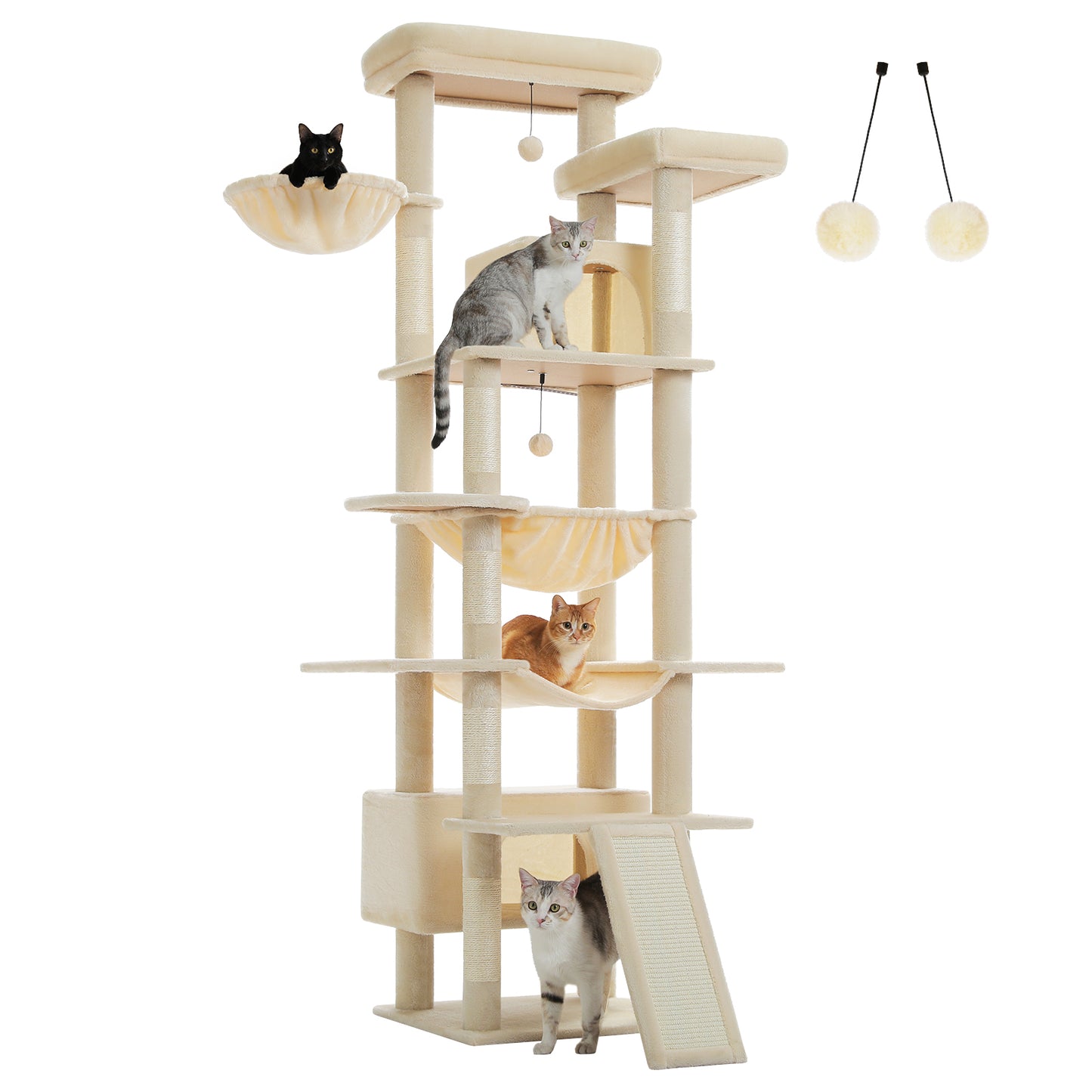 PAWZ Road 81 Zoll hoher Kratzbaum für Wohnungskatzen | Großes Modell für ausgewachsene Katzen | Mehretagiger Katzenbaum mit stabilem Metallrahmen-Hängematte | 2-in-1 Kratzrampe | 2 erhöhte Liegeflächen | 2 gemütliche Schlafhäuschen | 6 Kratzpfosten
