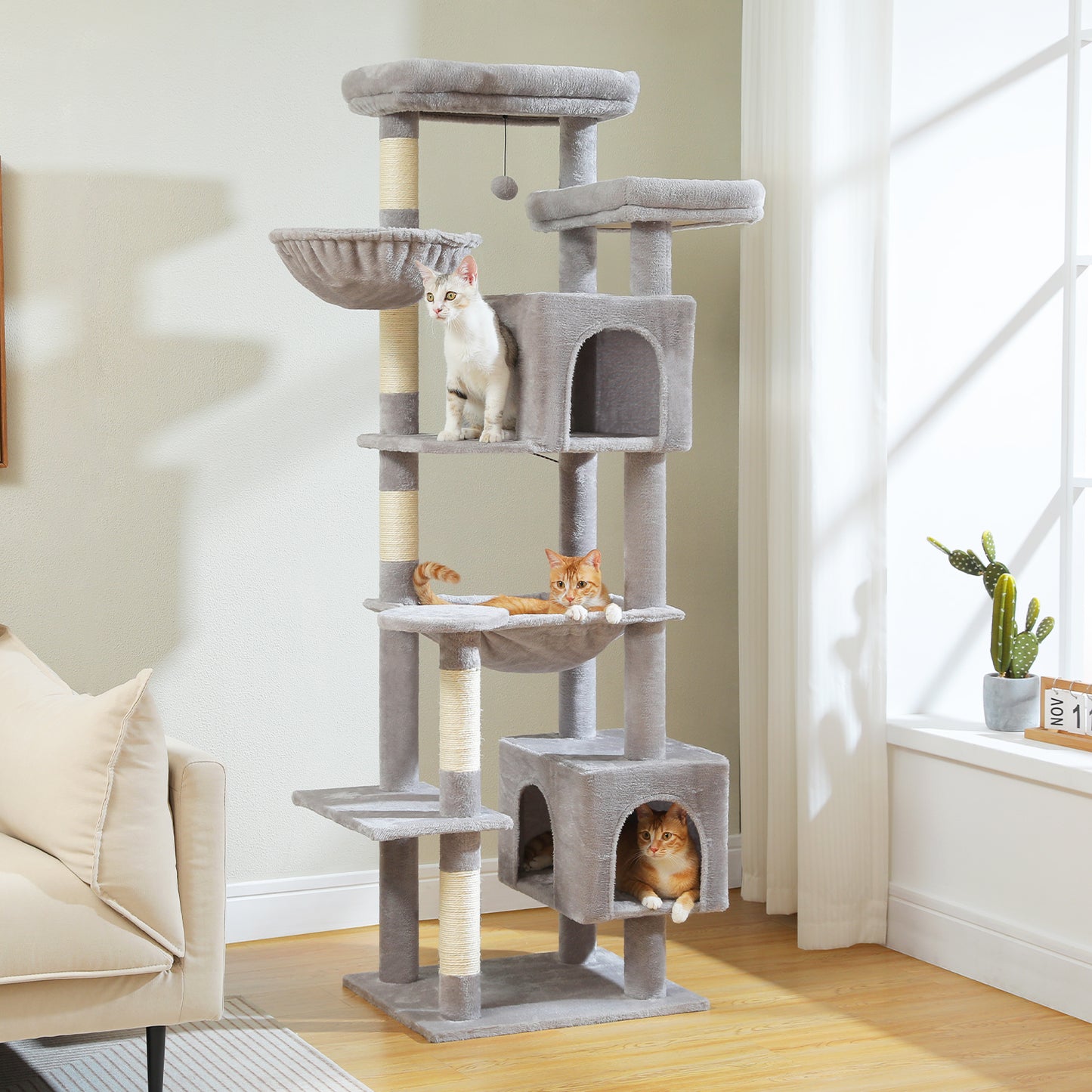 PAWZ Road XXL-Rascador 175 cm para gatos de apartamento | Con gran hamaca | Torre para gatos adultos | Incl. poste rascador, casa de dormir y plataforma de observación
