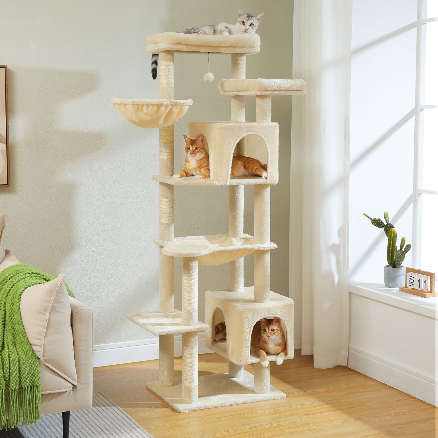 PAWZ Road XXL-Rascador 175 cm para gatos de apartamento | Con gran hamaca | Torre para gatos adultos | Incl. poste rascador, casa de dormir y plataforma de observación