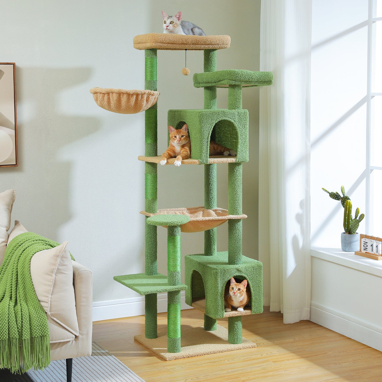 PAWZ Road XXL-Rascador 175 cm para gatos de apartamento | Con gran hamaca | Torre para gatos adultos | Incl. poste rascador, casa de dormir y plataforma de observación