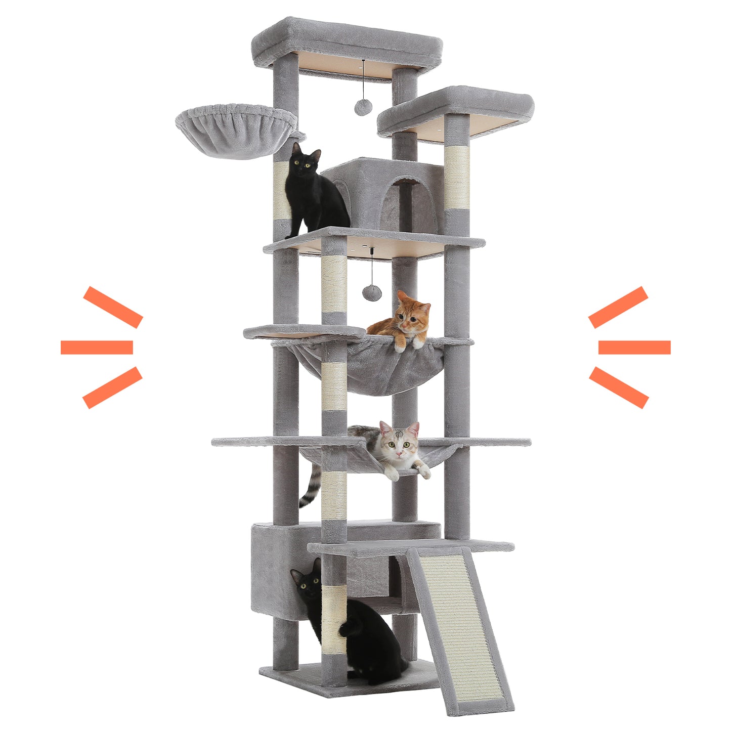 PAWZ Road 81 Zoll hoher Kratzbaum für Wohnungskatzen | Großes Modell für ausgewachsene Katzen | Mehretagiger Katzenbaum mit stabilem Metallrahmen-Hängematte | 2-in-1 Kratzrampe | 2 erhöhte Liegeflächen | 2 gemütliche Schlafhäuschen | 6 Kratzpfosten