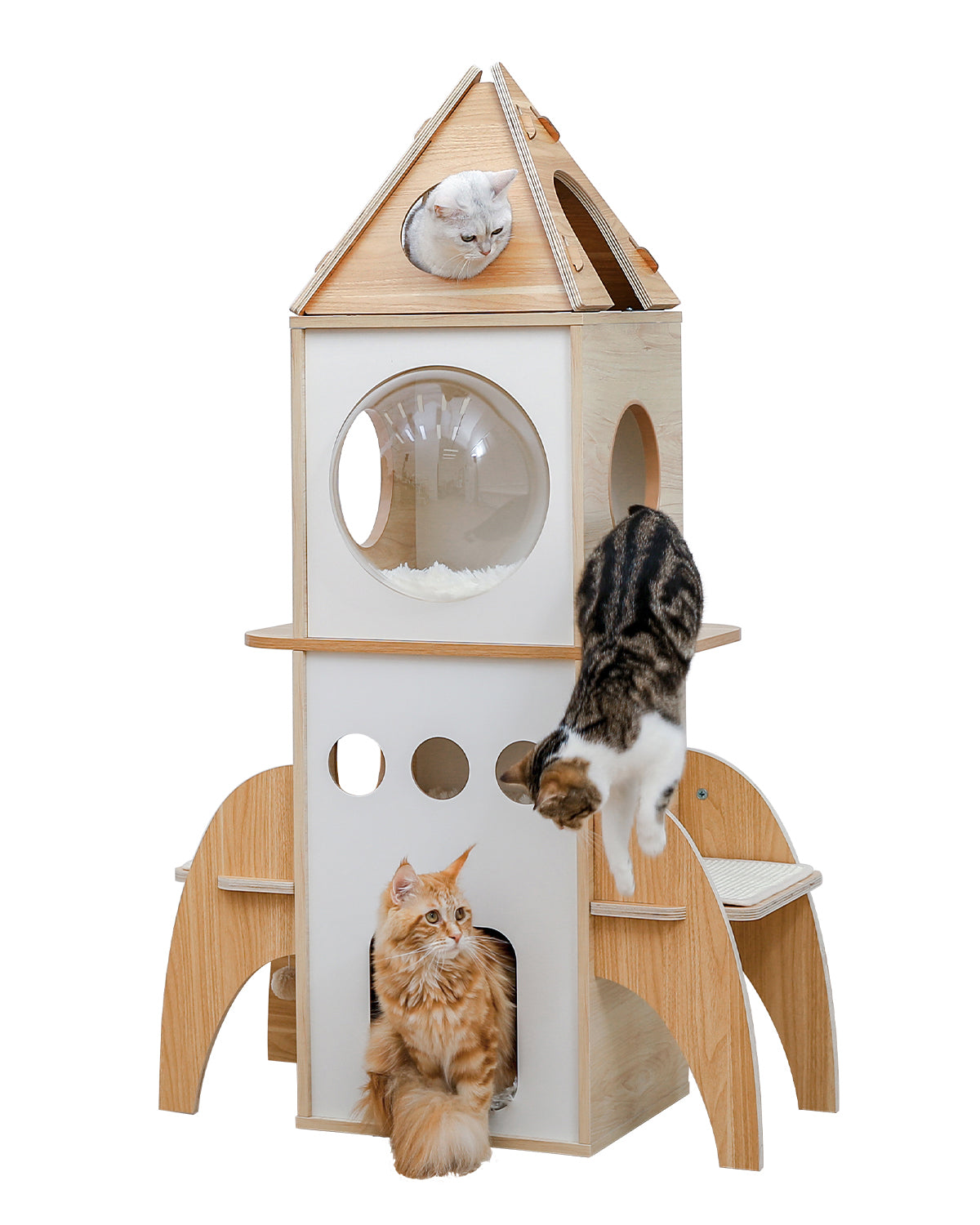 PEQULTI - Rocket Cat Tree with 360° Panorama + 4 Sleeping Caves|Removable Scratching Surface|Space-Saving Design