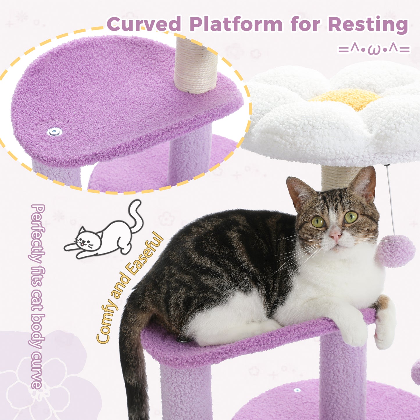 PAWZ Road Cat Tree – 81 cm purple flower cat tree | Sisal scratching posts | Cozy cat house | Cuddly platforms | Fluffy play balls
