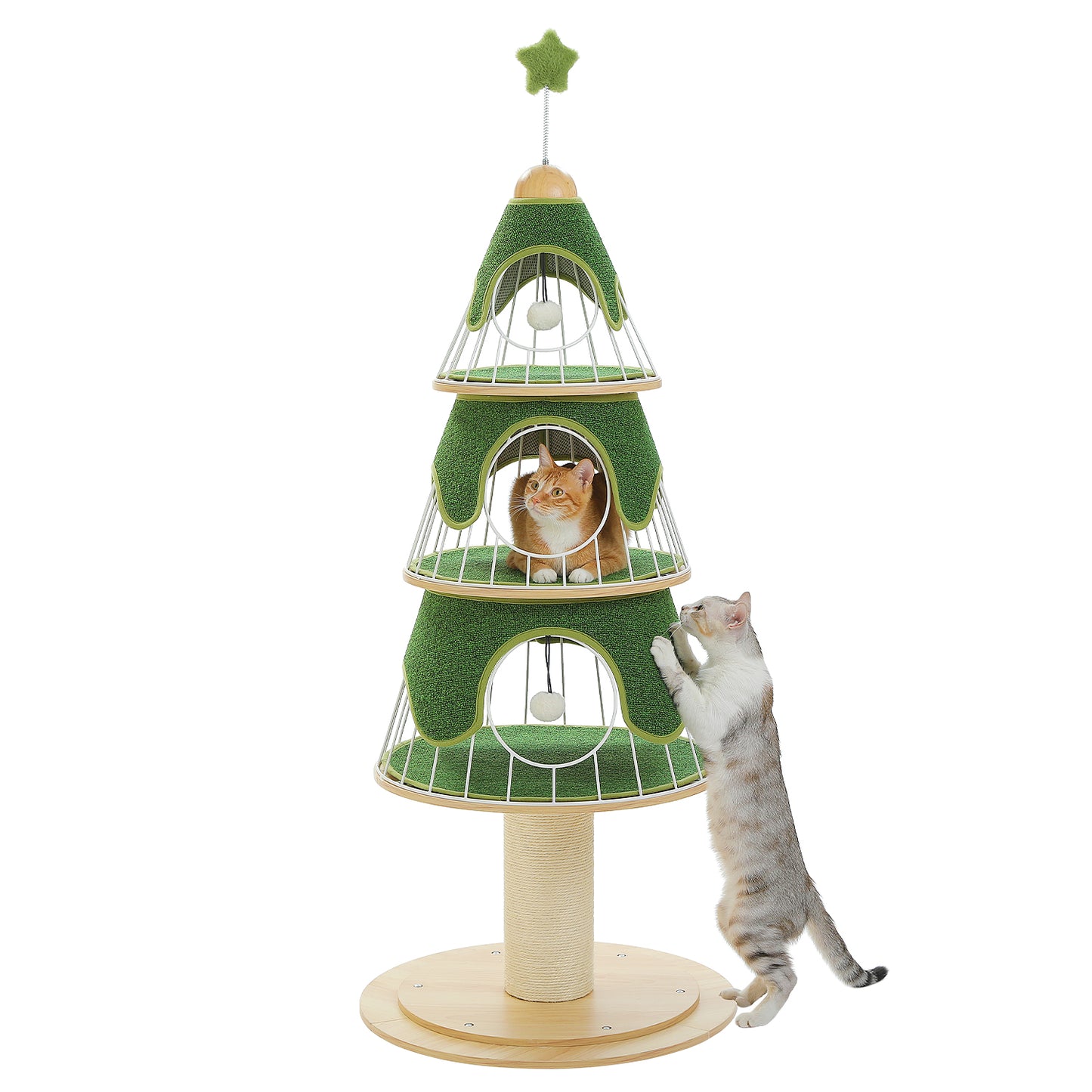PAWZ Road Arbre de Noël pour chats, tour d'escalade multicouche de 130 cm de haut avec revêtement en sisal de 14 cm d'épaisseur pour gratter et 3 grands abris de sommeil – Arbre intérieur pour chats