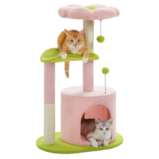 PAWZ Road Katzenbaum ¨C 81 cm lila Blumen-Kratzbaum | Sisal-Kratzs?ulen | gem¨¹tliches Katzenhaus | kuschelige Plattformen | flauschige Spielb?lle