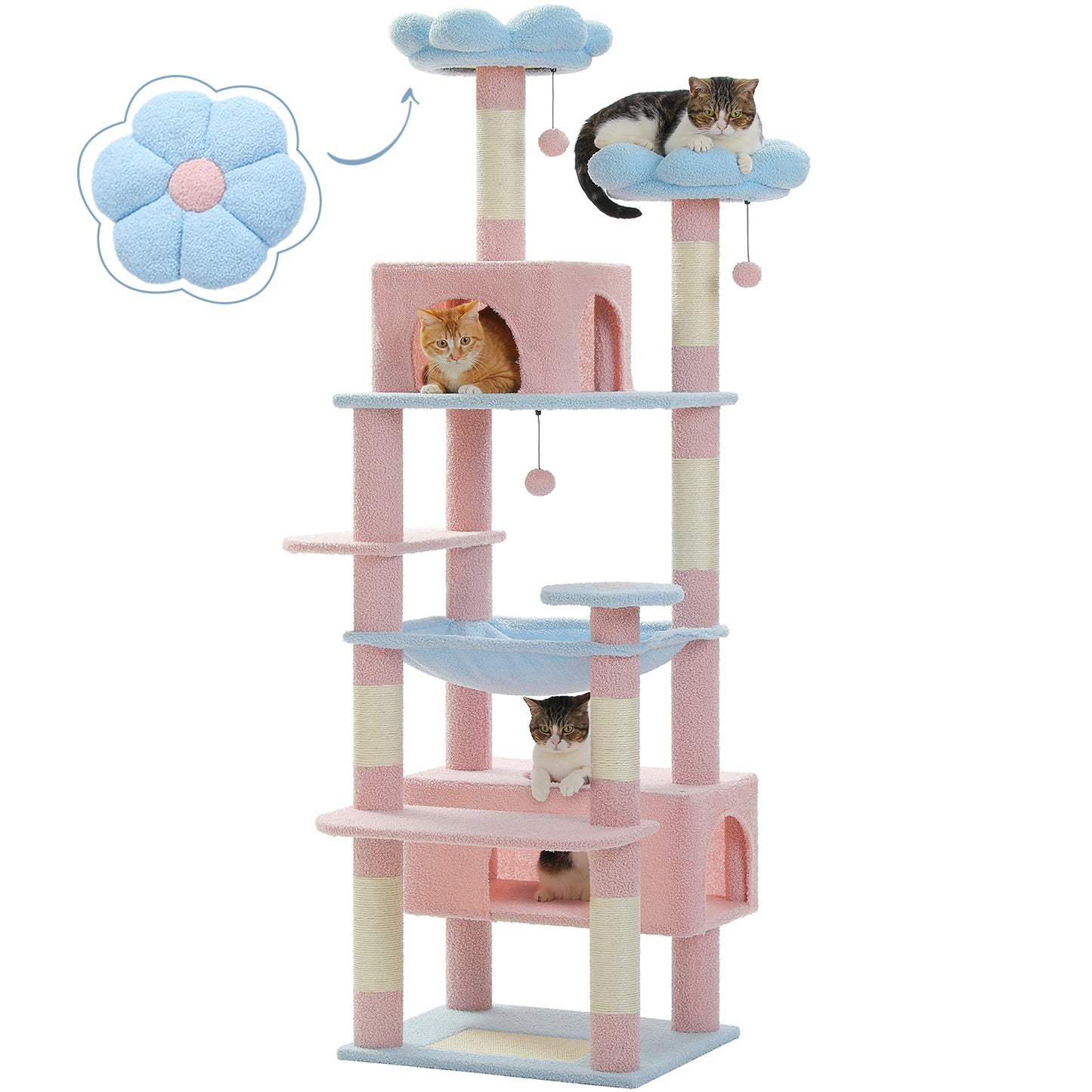 PAWZ Road Arbre à gratter, 136 cm de haut | avec hamac spacieux | maison de repos et poteau à gratter | deux plateformes rembourrées | maison pour chats adaptée aux chats d'appartement de grande taille