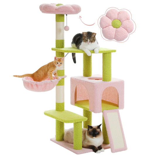 PAWZ Road Blumen-Katzenbaum (89 cm) ¨C Rosa Kratzbaum | Sisalpfosten | Metall-H?ngematte | Blaue Schlafplattform (inkl. Spielball)