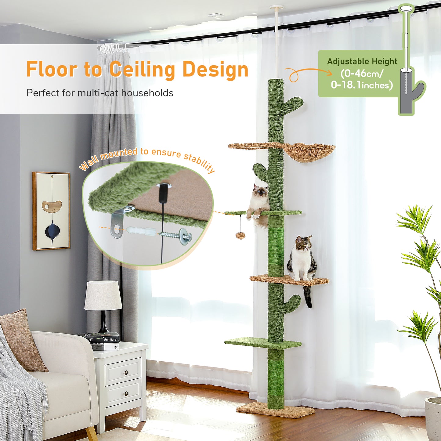 PAWZ Road Kaktus-Katzenkratzbaum | H?henverstellbar (241-274 cm) | Mit Sisal-Kratzs?ulen | Ideal f¨¹r Gro?katzen