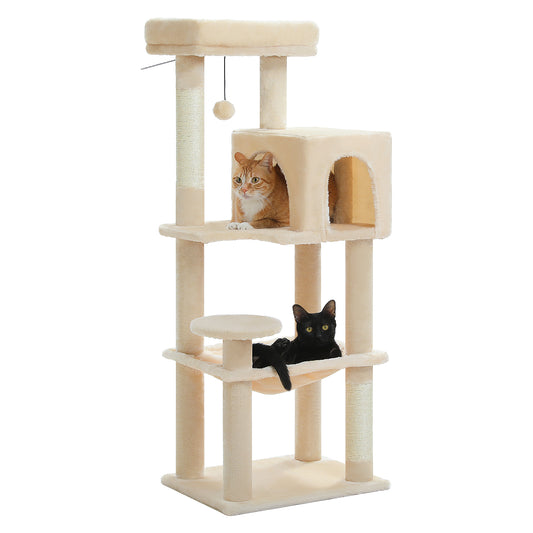 PAWZ Road 116 cm Katzenbaum mittelgroßer Kratzturm mit 4 Sisal-Kratzpfosten, Metallrahmen großer Hängematte und gemütlichem Schlafhaus, Aktivitätszentrum stabil und robust