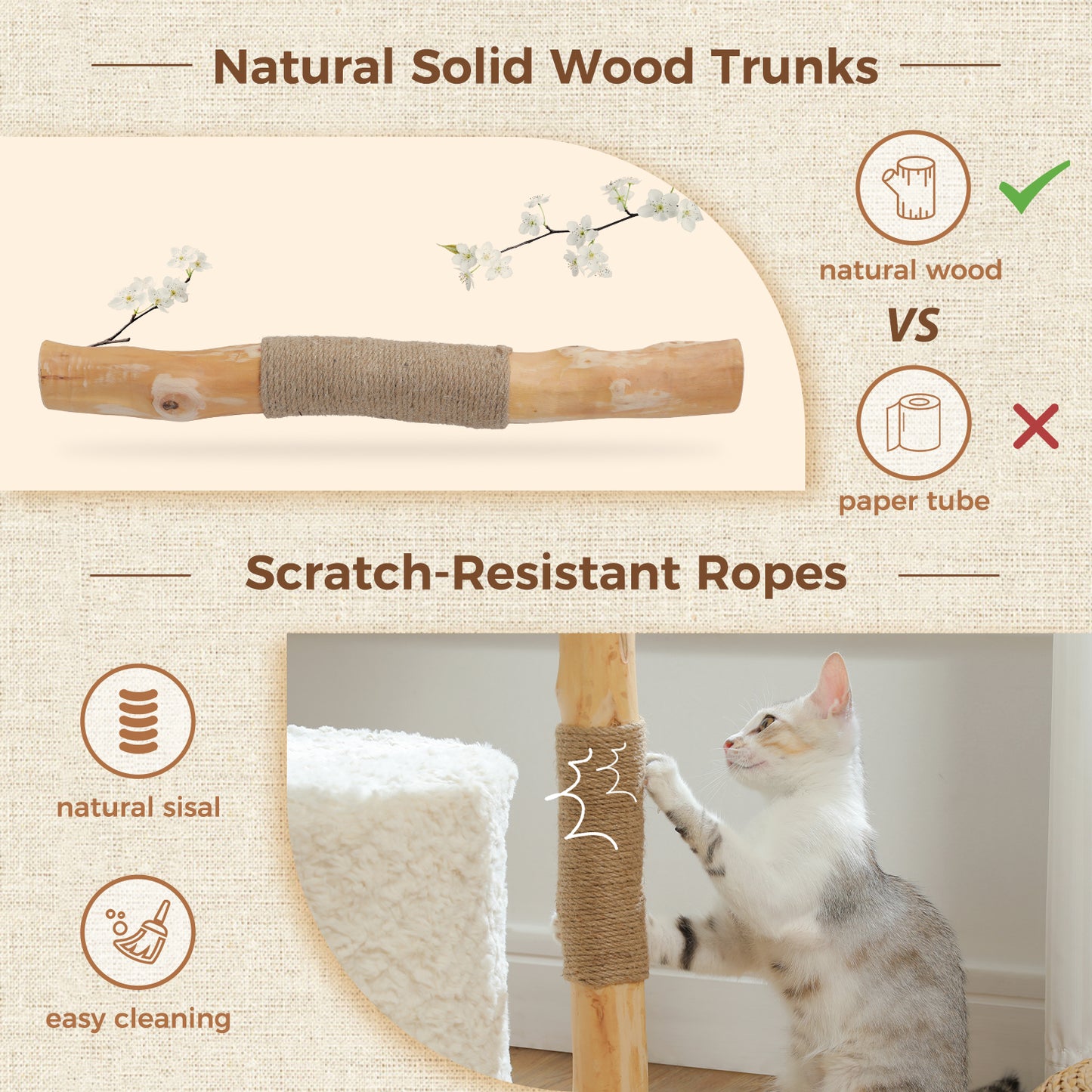PAWZ Road Rascador Moderno | Torre para Gatos de 100 cm de Madera Maciza | Diseño Minimalista Blanco | Con Poste de Rascado de Sisal