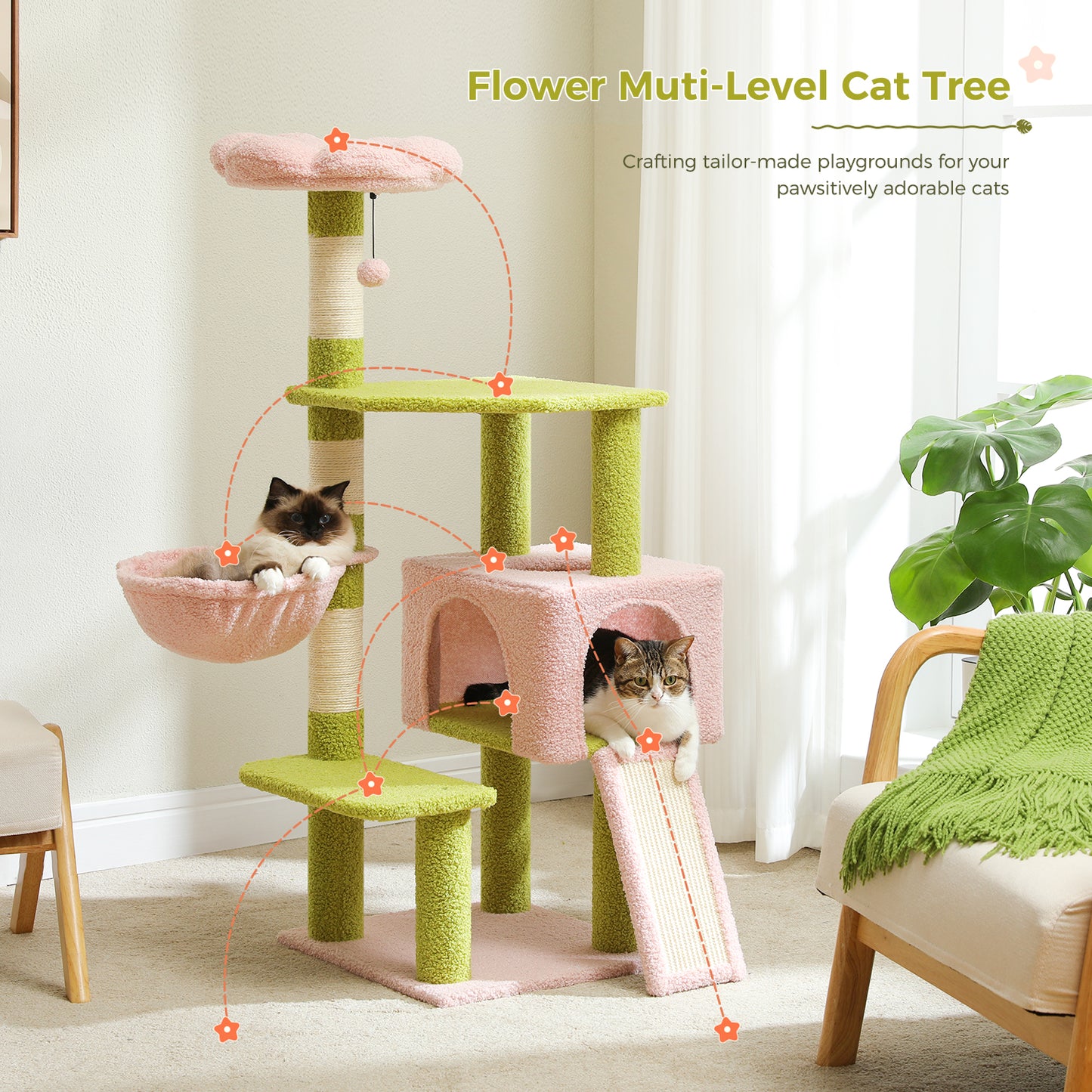 Albero per gatti PAWZ Road Flower (89 cm) – Tiragraffi rosa | Pali in sisal | Amaca in metallo | Piattaforma per dormire blu (inclusa palla da gioco)