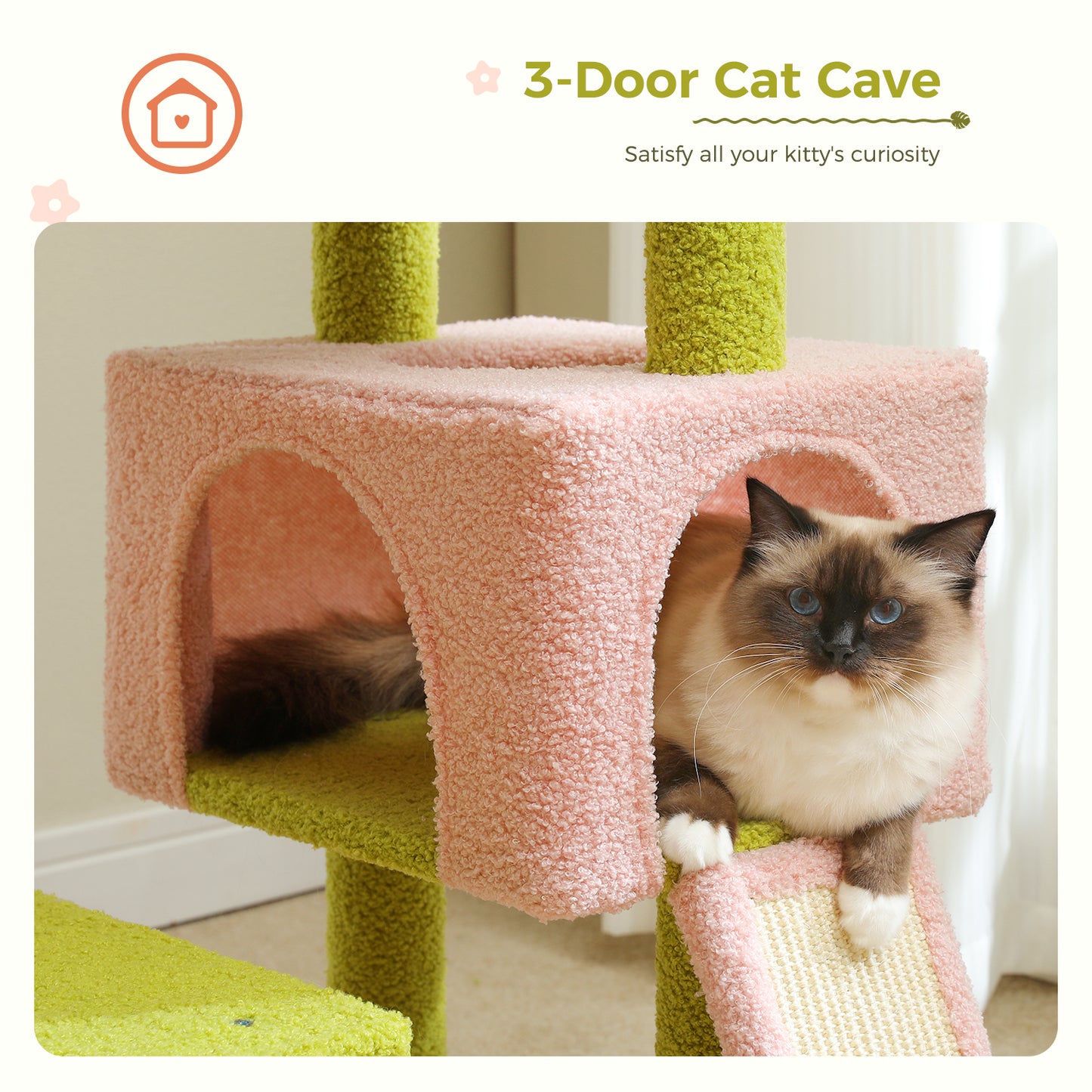 Albero per gatti PAWZ Road Flower (89 cm) – Tiragraffi rosa | Pali in sisal | Amaca in metallo | Piattaforma per dormire blu (inclusa palla da gioco)