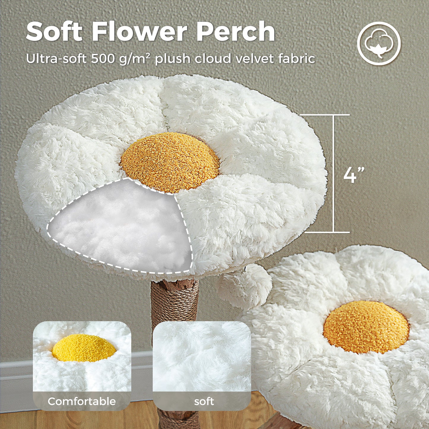 Modern flower cat tree | Luxurious boho cat tower made of solid wood | With real wooden branches, scratching post, and 2 platforms | Designed in Cloud White | Exclusively for indoor cats