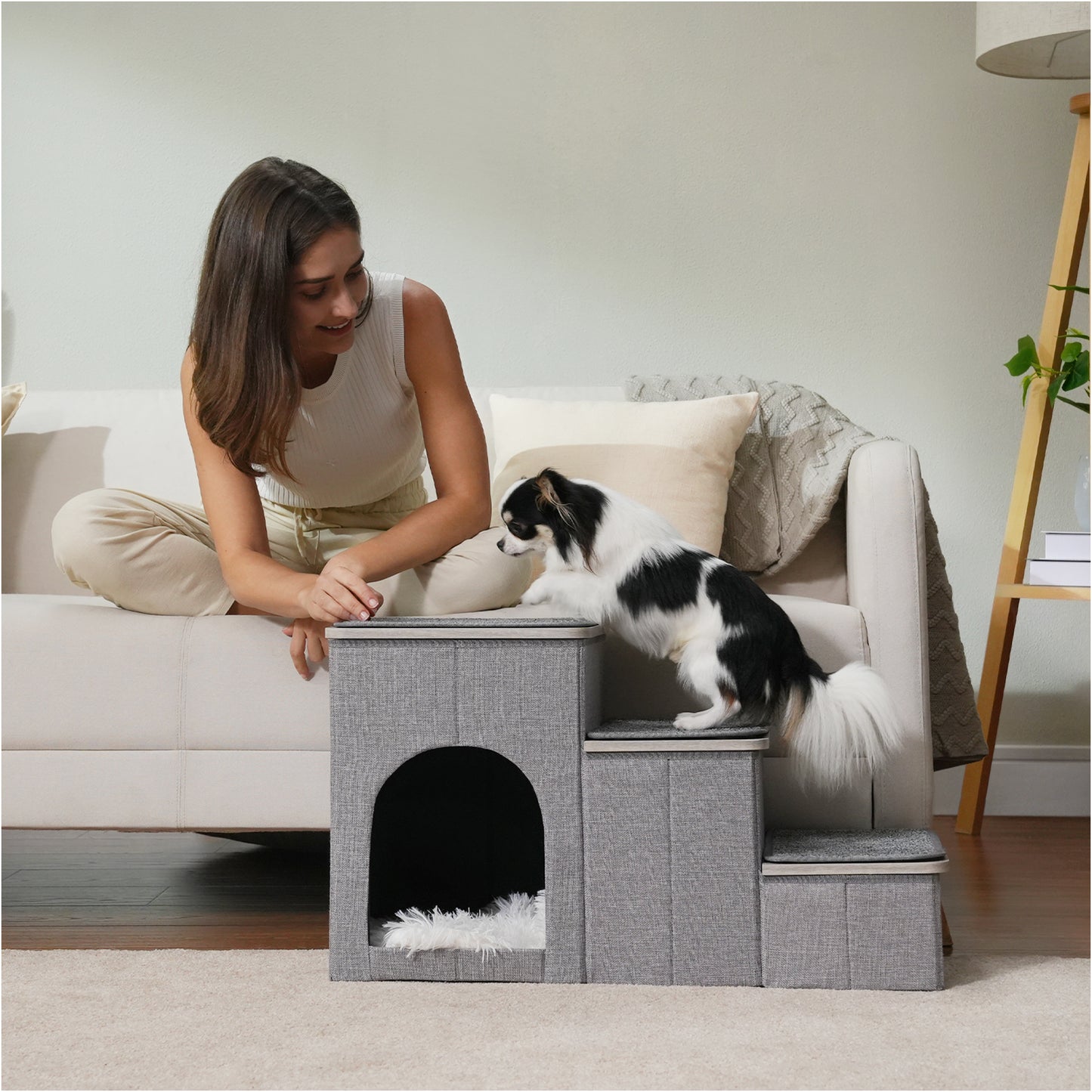 Scale pieghevoli per cani PETEPELA – 3 gradini con spazio di archiviazione | per cani di piccola taglia fino al divano