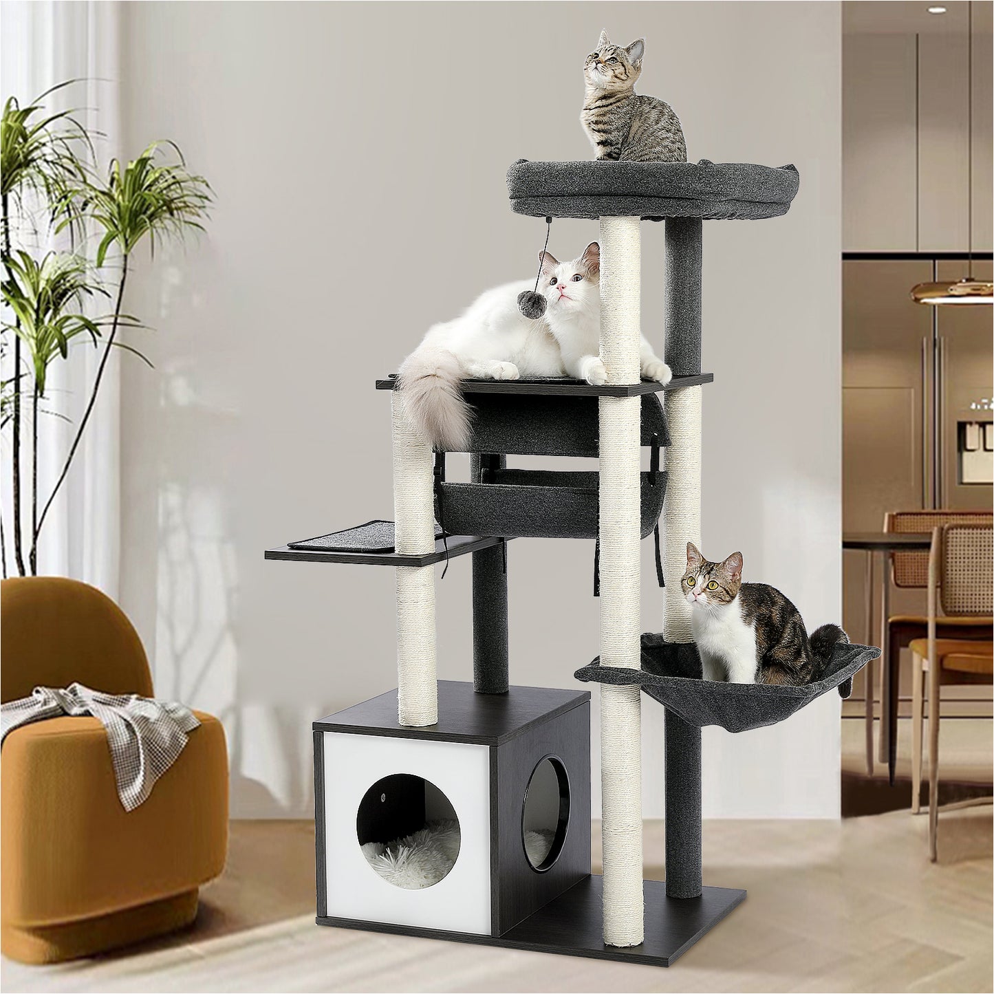 【130cm Extra High】PEQULTI Cat Tree - 51.4″ Multi-Level Platforms|25.6″×16.9″ XXL Exercise Area"