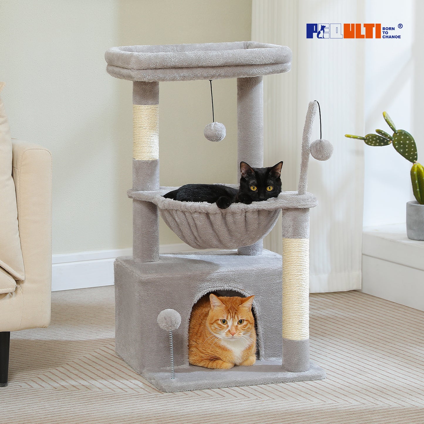 PEQULTI 4-in-1 Cactus Cat Tree | 84 cm Cat Tower | with XXL Sleeping House | Sisal Posts | Deep Hammock | Observation Deck