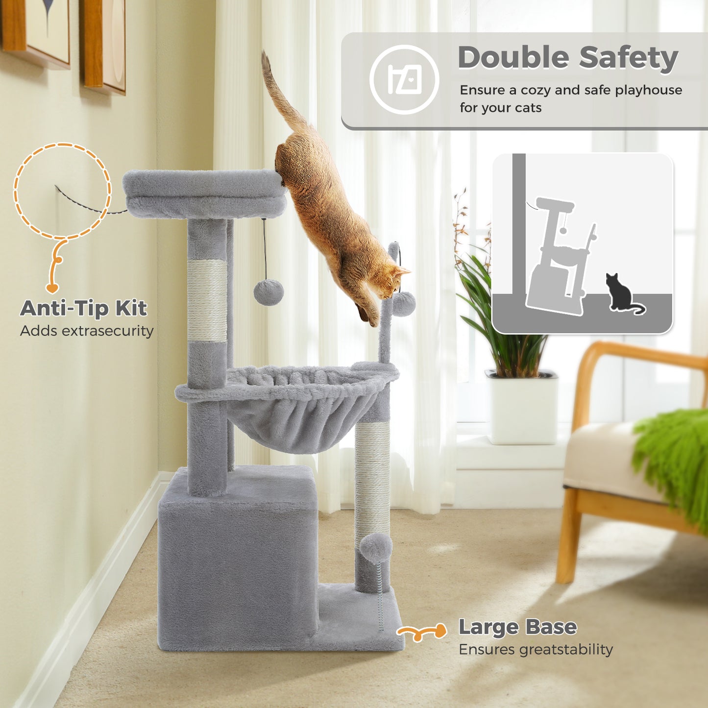 PEQULTI 4-in-1 Cactus Cat Tree | 84 cm Cat Tower | with XXL Sleeping House | Sisal Posts | Deep Hammock | Observation Deck