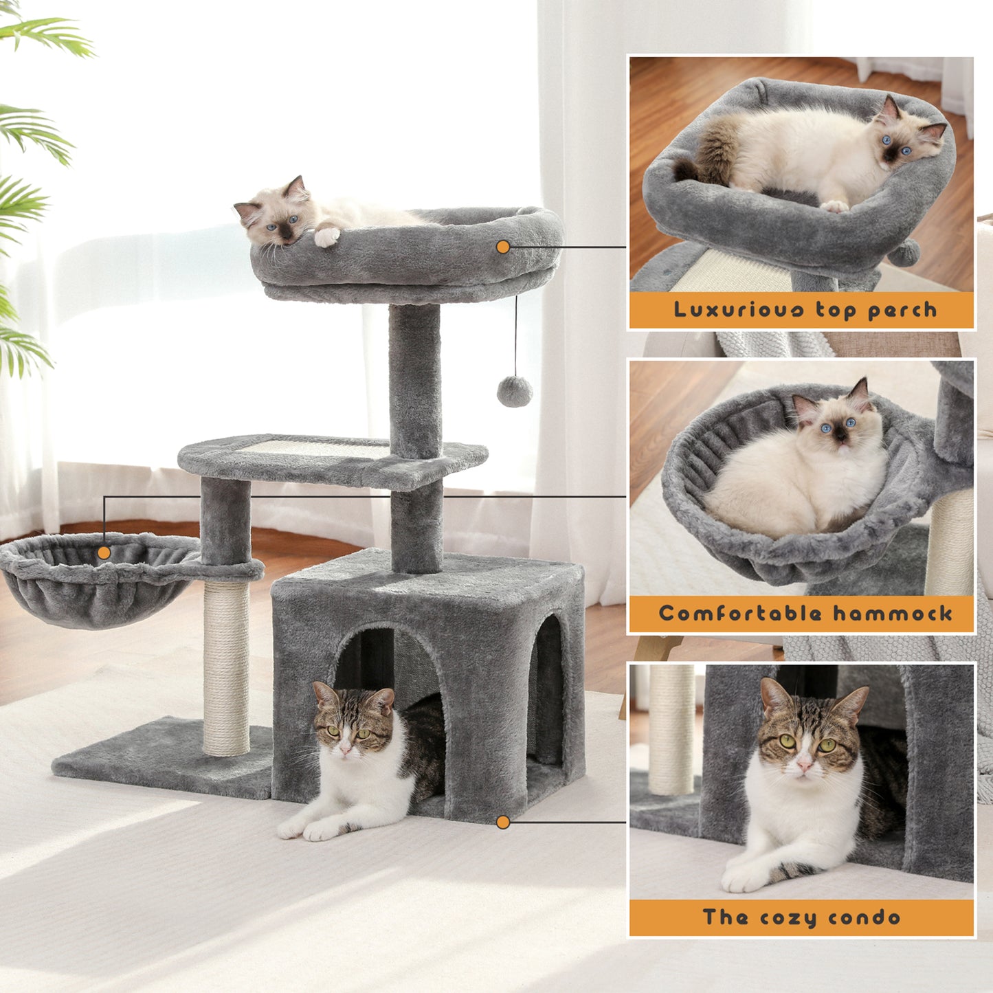 PAWZ Road Katzenbaum, Kratzturm für Wohnungskatzen mit Schlafhaus, weicher Aussichtsplattform, tiefer Hängematte und natürlichem Sisal-Kratzpfosten für Kätzchen