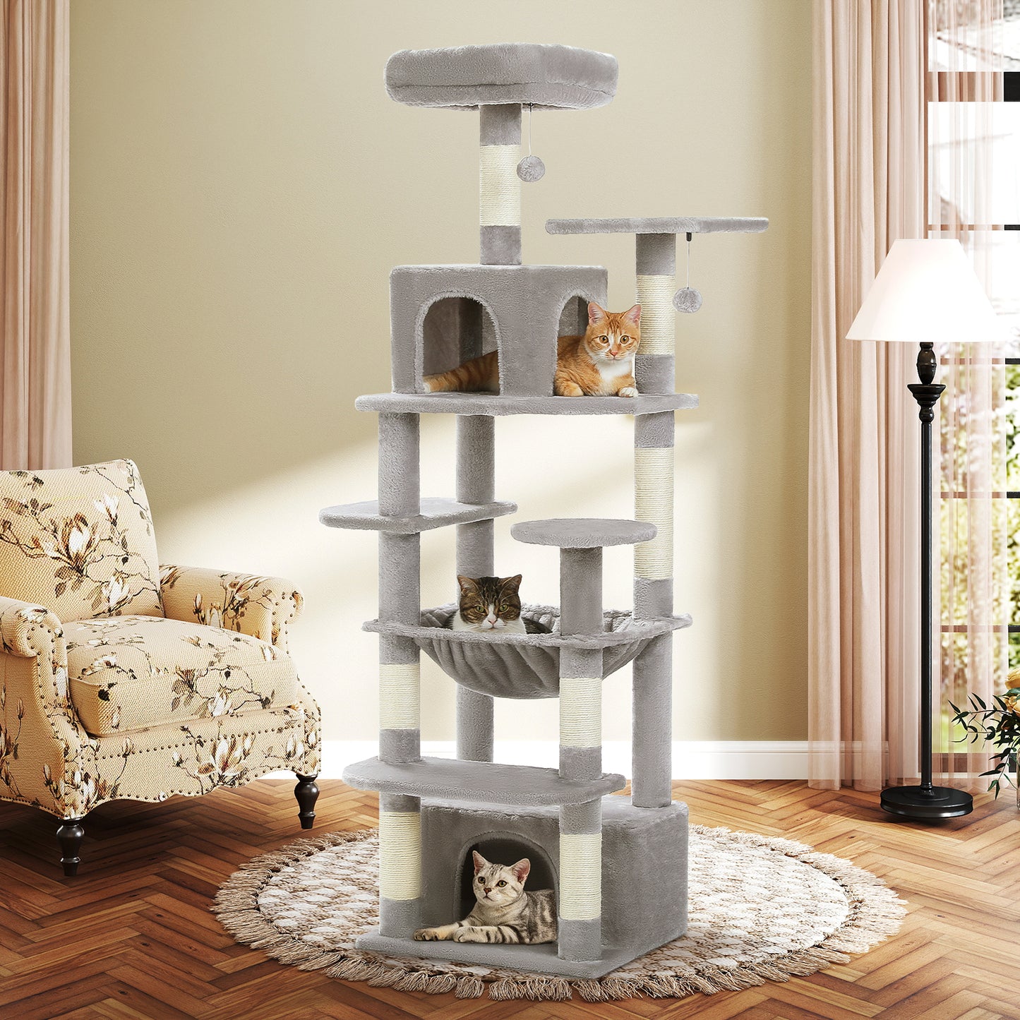 PAWZ Road Premium-Rascador | Árbol para gatos con hamaca XXL | Altura total 136 cm | Ideal para hogares con múltiples gatos