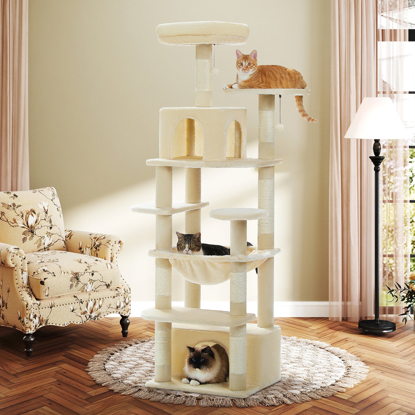 PAWZ Road Premium-Rascador | Árbol para gatos con hamaca XXL | Altura total 136 cm | Ideal para hogares con múltiples gatos