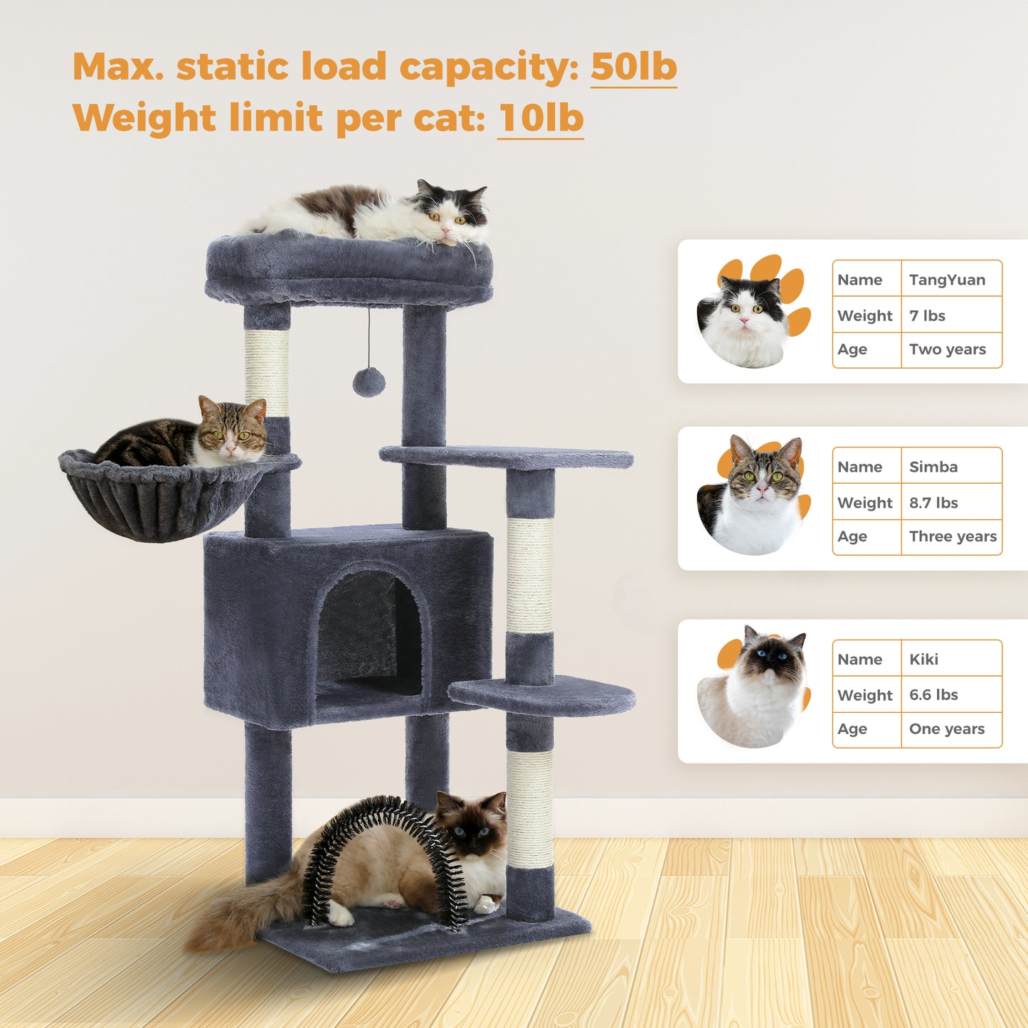PAWZ Road 106 cm Arbre à chats avec maison de repos et perche à gratter en sisal
