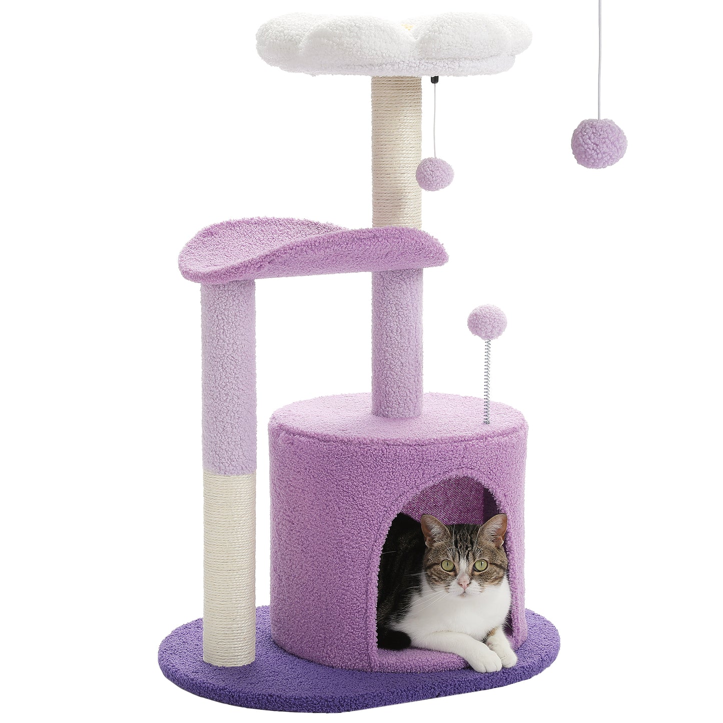 PAWZ Road Arbre à gratter pour chats, arbre violet à fleurs de 81 cm de haut avec poteaux en sisal, maison confortable pour chats, plateformes douillettes et balles moelleuses pour chats d'appartement