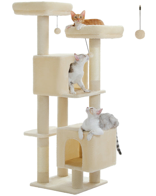 PAWZ Road Kratzbaum, 133 cm mehrstufiger Katzenbaum für Wohnungskatzen, plüschiges Katzenhaus mit 2 gepolsterten Liegeflächen, 2 Schlafhäusern & 2 Kratzpfeilern
