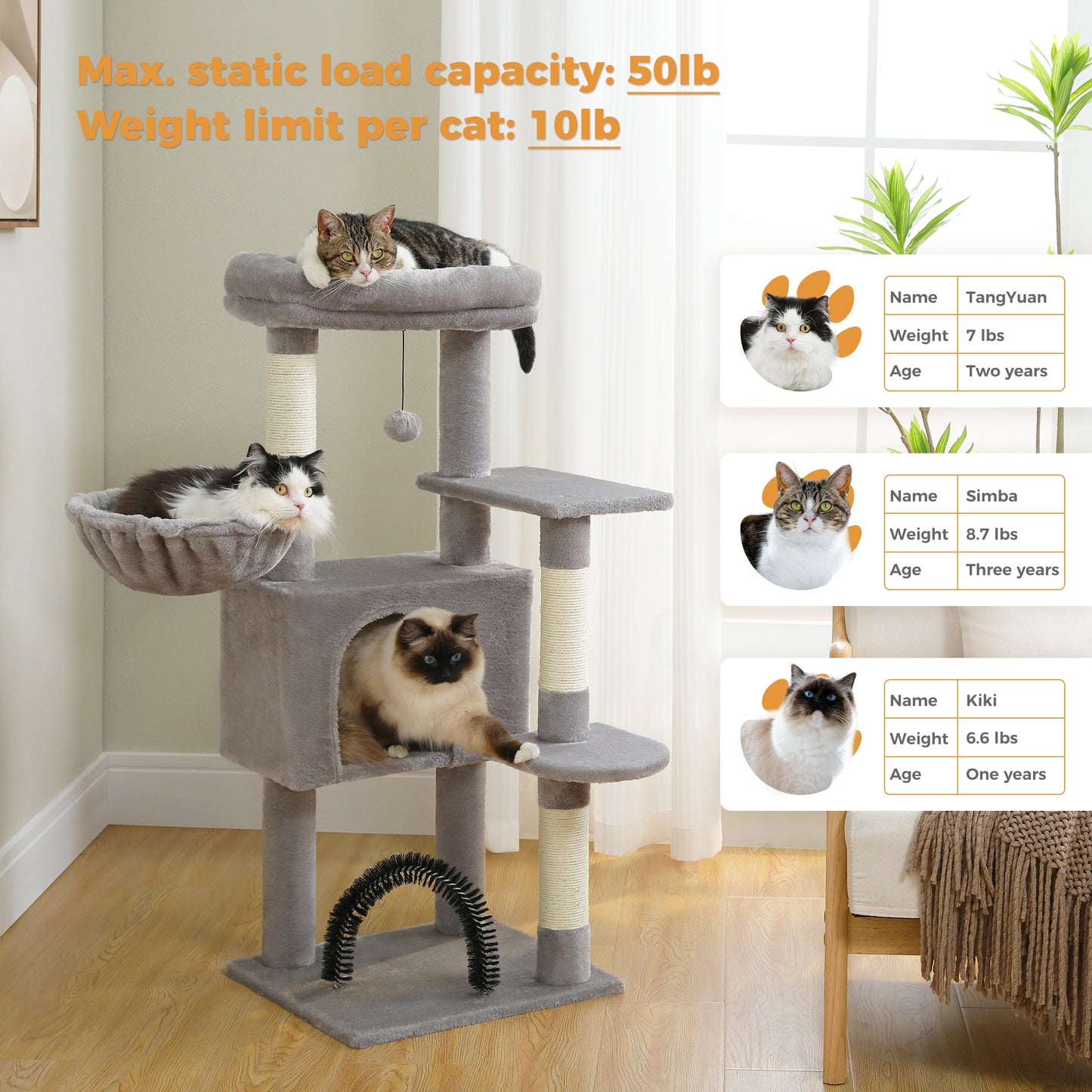 PAWZ Road 106 cm Arbre à chats avec maison de repos et perche à gratter en sisal