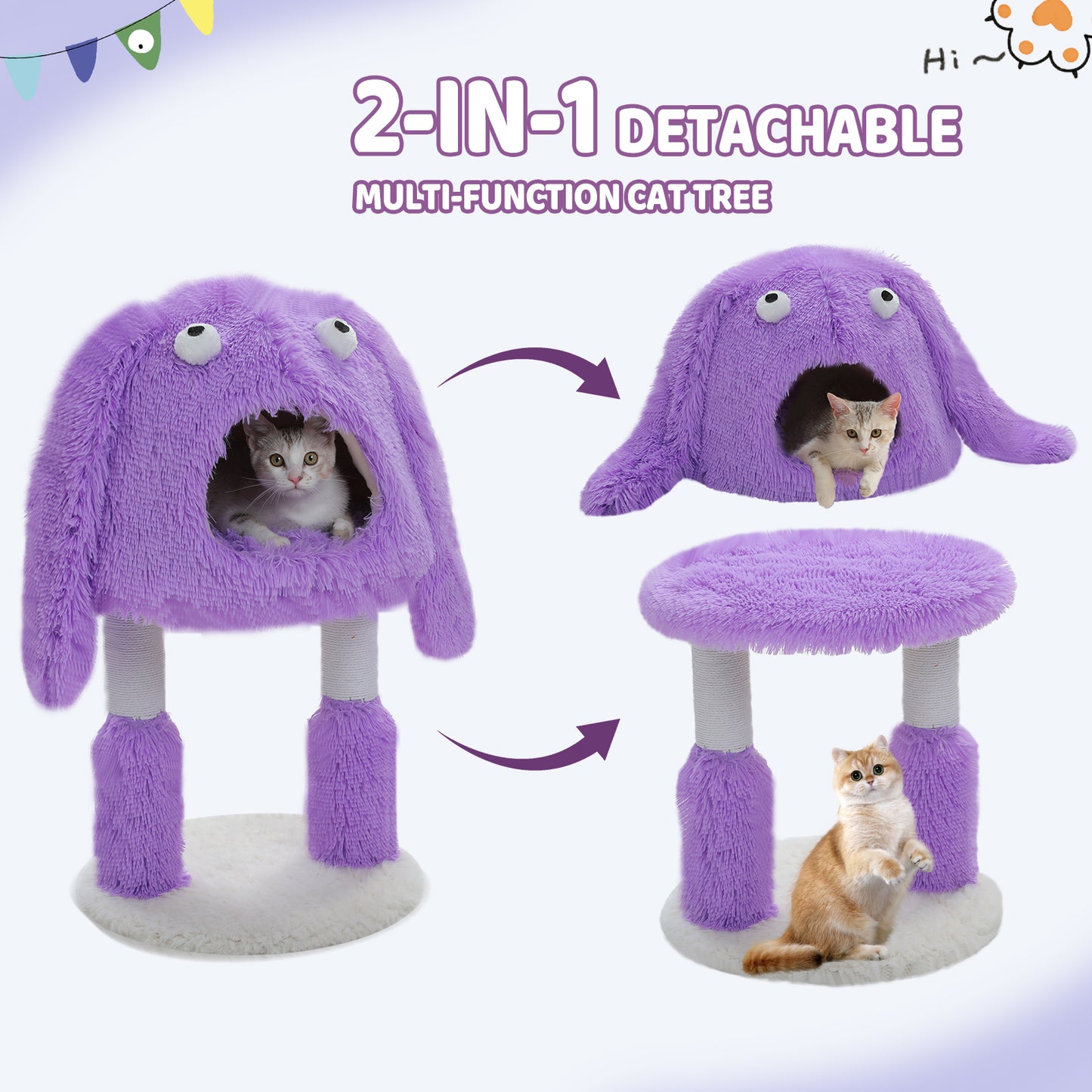 PAWZ Road Purple Monster Cat Tree | 2-in-1 Cat Tower | with XXL Sleeping Cave | Sisal Posts & Play Tunnel