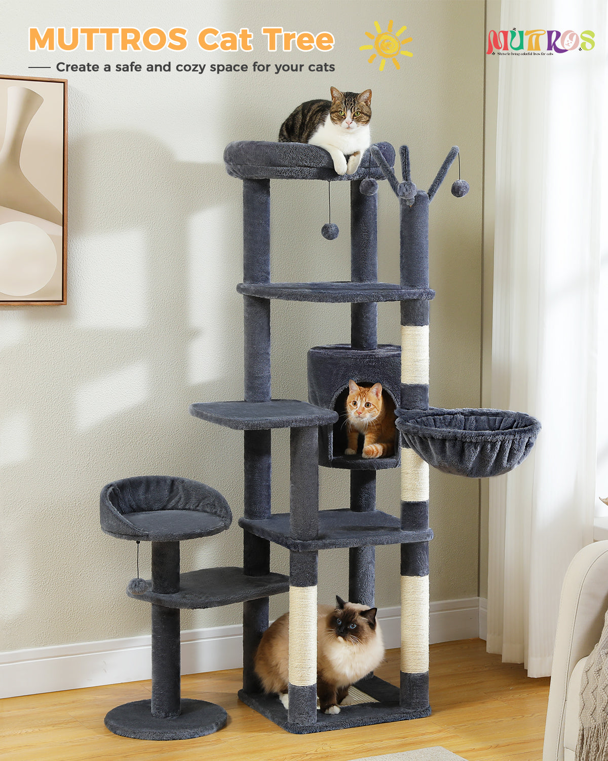 Albero per gatti PAWZ Road Flower da 150 cm - Torre per gatti grande a più livelli | Design basso | con cuccia | Amaca XXL | Pali in sisal e 2 piattaforme