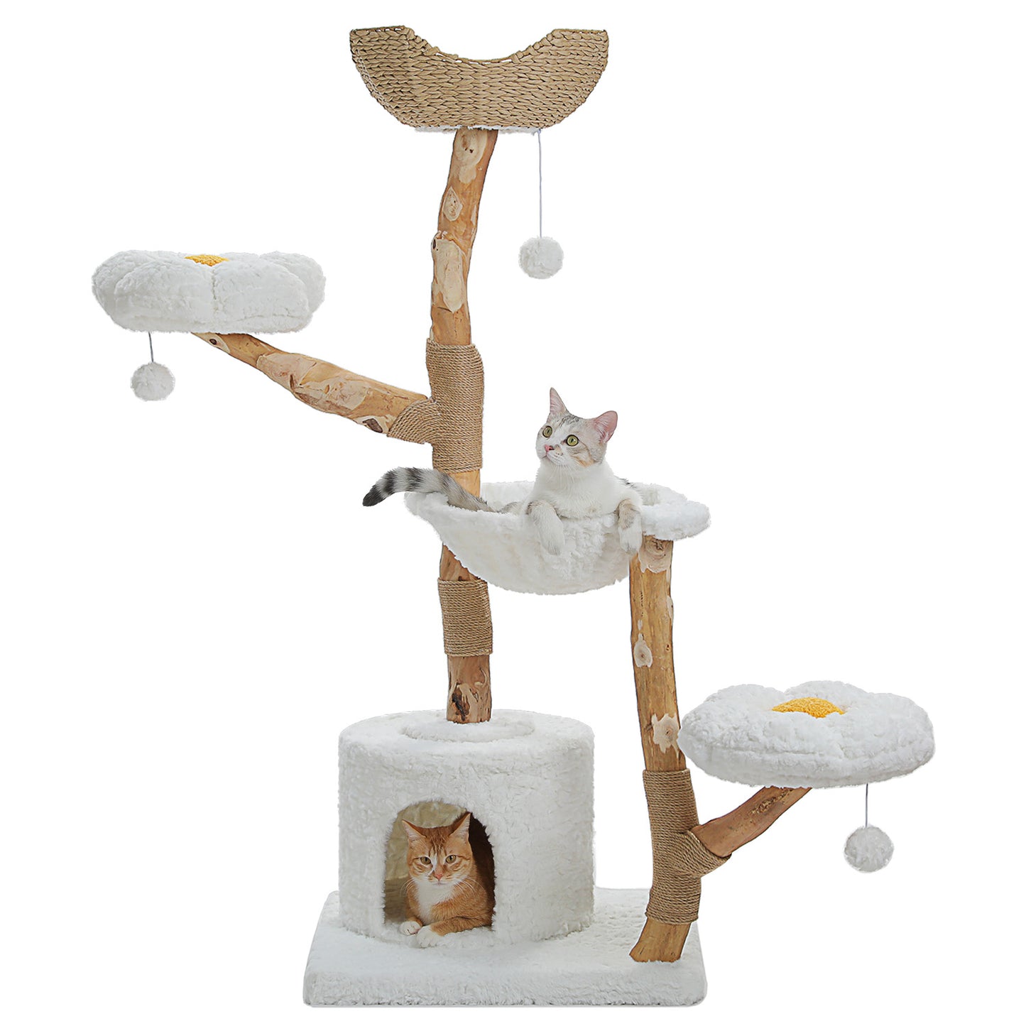 Torre moderna per gatti (per gatti di grossa taglia) con 2 piattaforme a forma di fiore | 150 cm | Tiragraffi naturale in legno massello con veri rami | Lussuoso mobile boho per gatti con cuccia + cestino intrecciato (bianco nuvola)