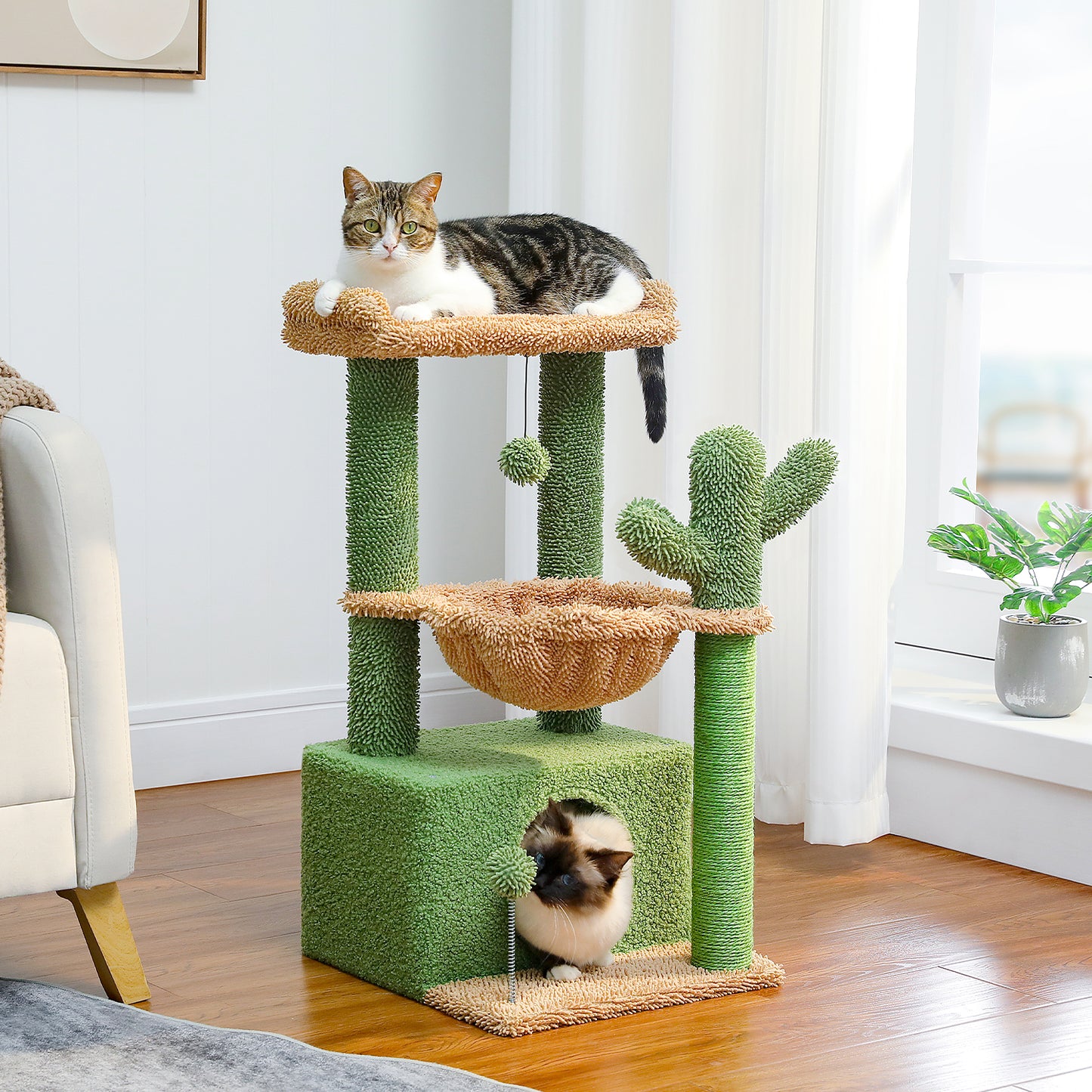 PAWZ Road 4-in-1 Kaktus-Katzenbaum | 84 cm Katzenturm | mit XXL-Schlafhaus | Sisalpfosten | Tiefe Hängematte | Aussichtsplattform