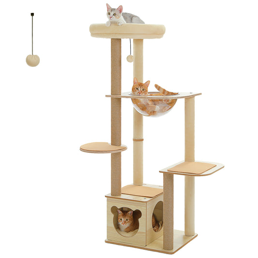 PAWZ Road Rascador Moderno | Torre para Gatos de 135 cm para Apartamentos | Con 4 Columnas de Sisal para Rascar | Casita de Sueño en Forma de Cápsula y Pelotas de Juego