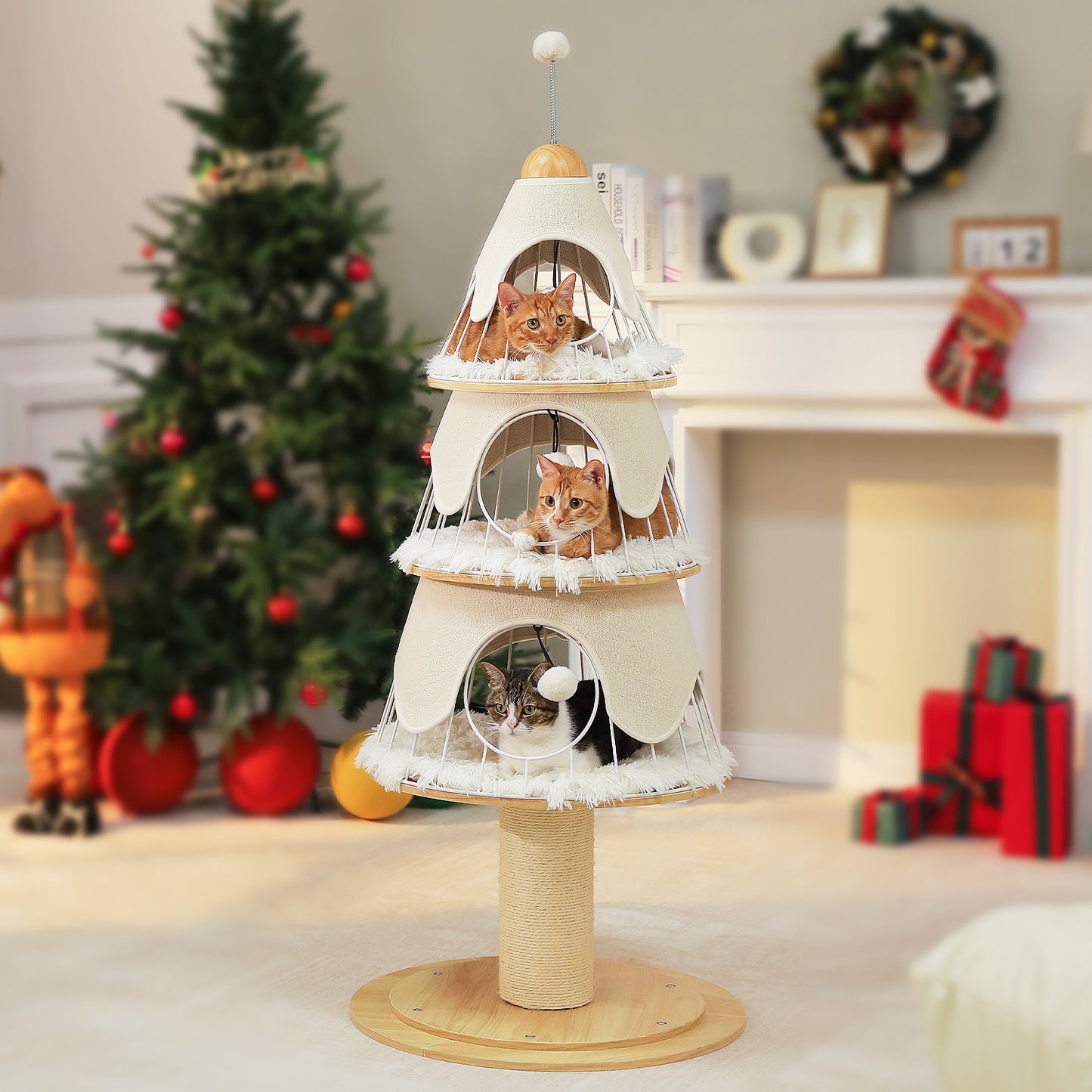 PAWZ Road Arbre de Noël pour chats, tour d'escalade multicouche de 130 cm de haut avec revêtement en sisal de 14 cm d'épaisseur pour gratter et 3 grands abris de sommeil – Arbre intérieur pour chats