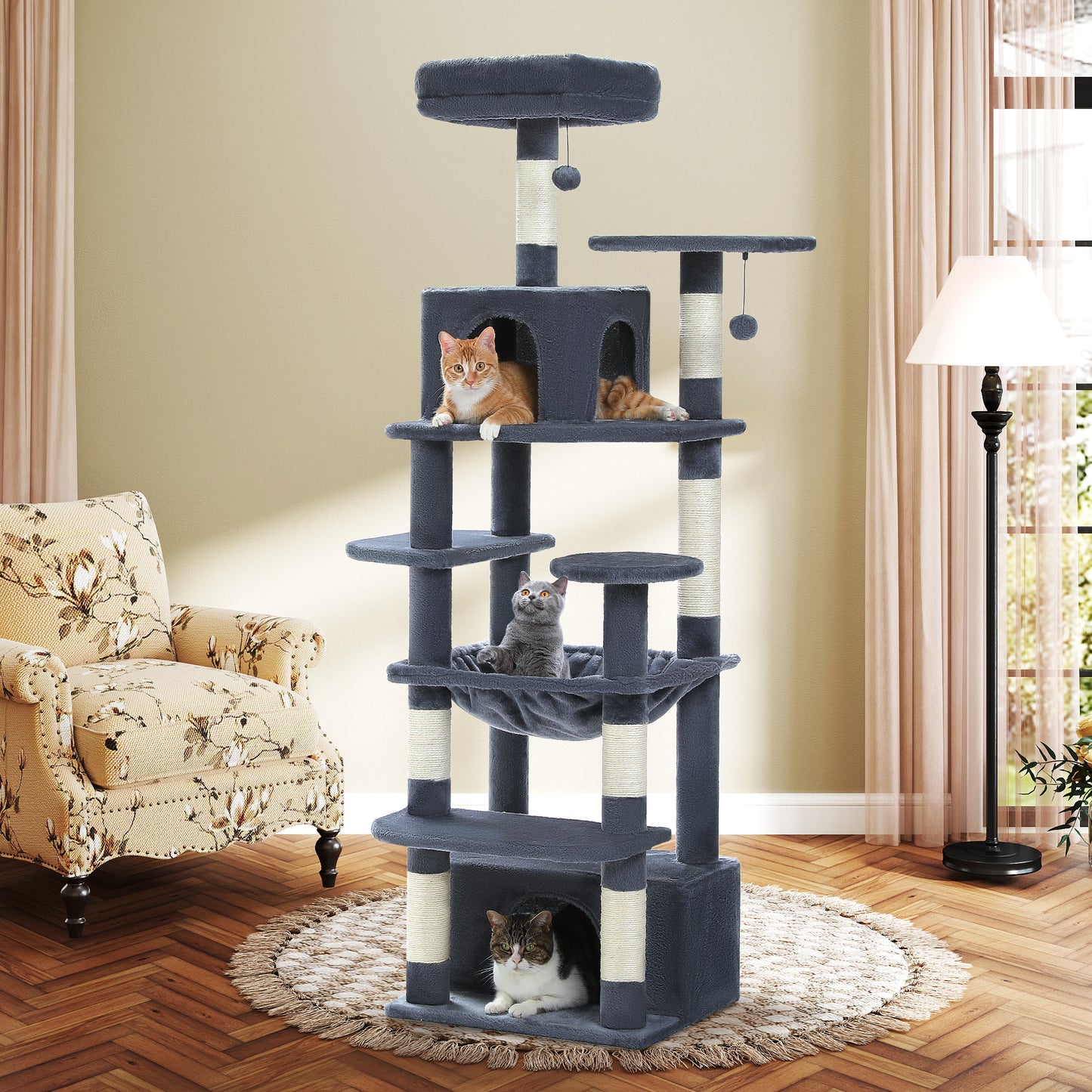 PAWZ Road Premium-Rascador | Árbol para gatos con hamaca XXL | Altura total 136 cm | Ideal para hogares con múltiples gatos