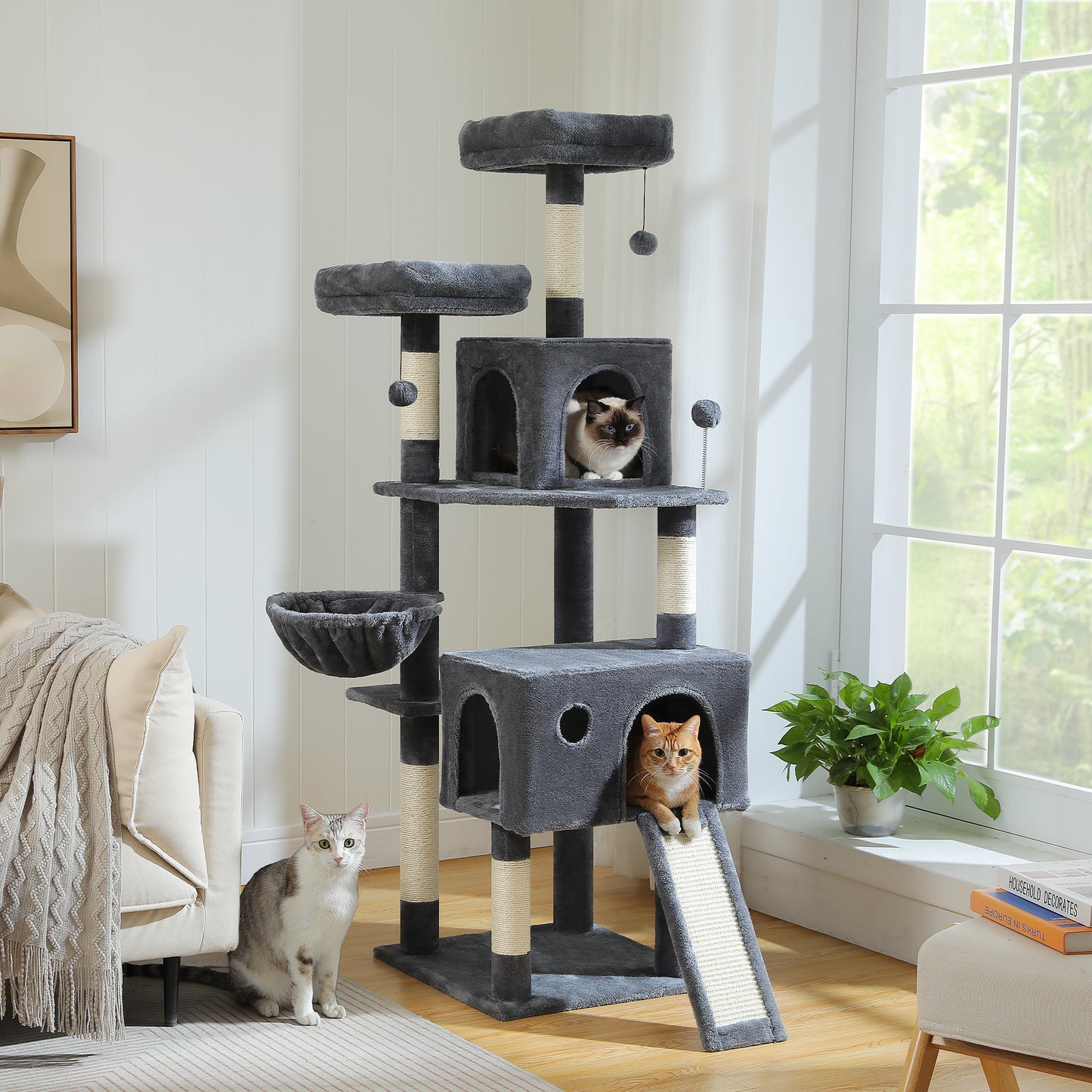 PAWZ Road XXL-Árbol rascador 162cm | Columnas rascadoras envueltas en sisal | Con gran hamaca + 2 plataformas superiores | Incl. pelotas de juego intercambiables | Para razas de gatos grandes