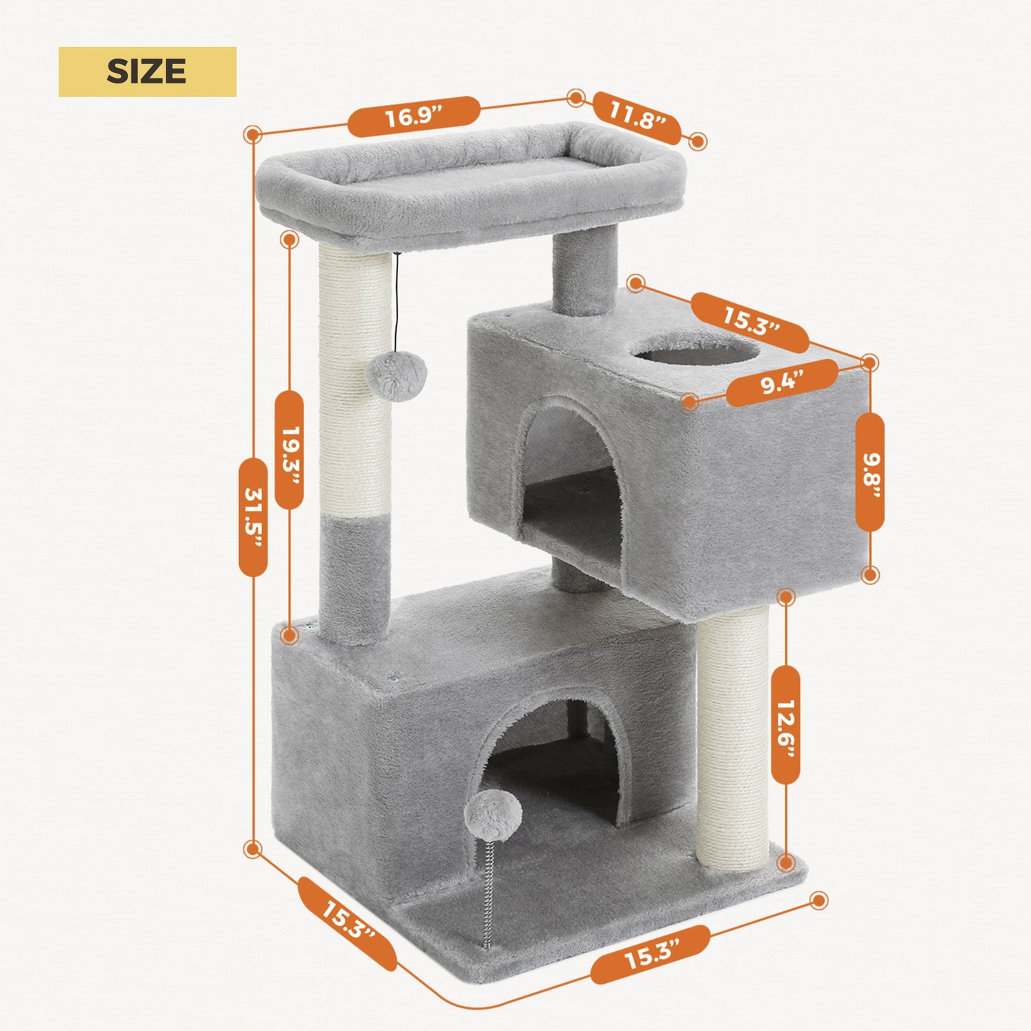 Albero per gatti PAWZ Road da 80 cm – con 2 cucce | tiragraffi in sisal a più livelli | area di riposo imbottita | inclusi 2 giocattoli