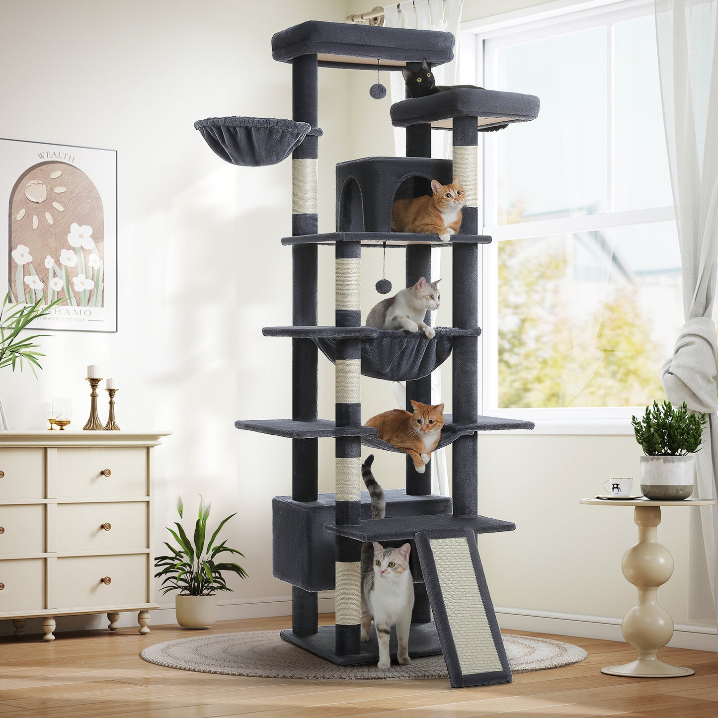 PAWZ Road 81 Zoll hoher Kratzbaum für Wohnungskatzen | Großes Modell für ausgewachsene Katzen | Mehretagiger Katzenbaum mit stabilem Metallrahmen-Hängematte | 2-in-1 Kratzrampe | 2 erhöhte Liegeflächen | 2 gemütliche Schlafhäuschen | 6 Kratzpfosten