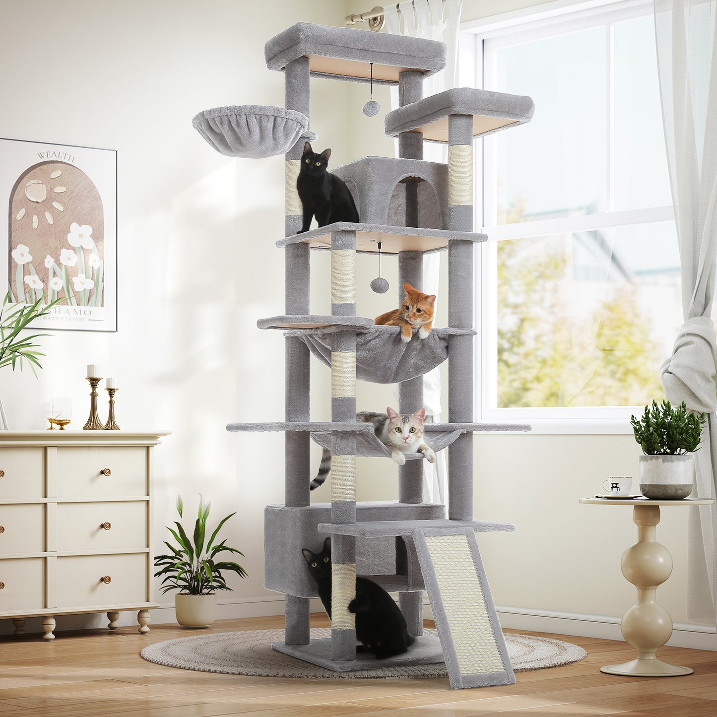 PAWZ Road 81 Zoll hoher Kratzbaum für Wohnungskatzen | Großes Modell für ausgewachsene Katzen | Mehretagiger Katzenbaum mit stabilem Metallrahmen-Hängematte | 2-in-1 Kratzrampe | 2 erhöhte Liegeflächen | 2 gemütliche Schlafhäuschen | 6 Kratzpfosten