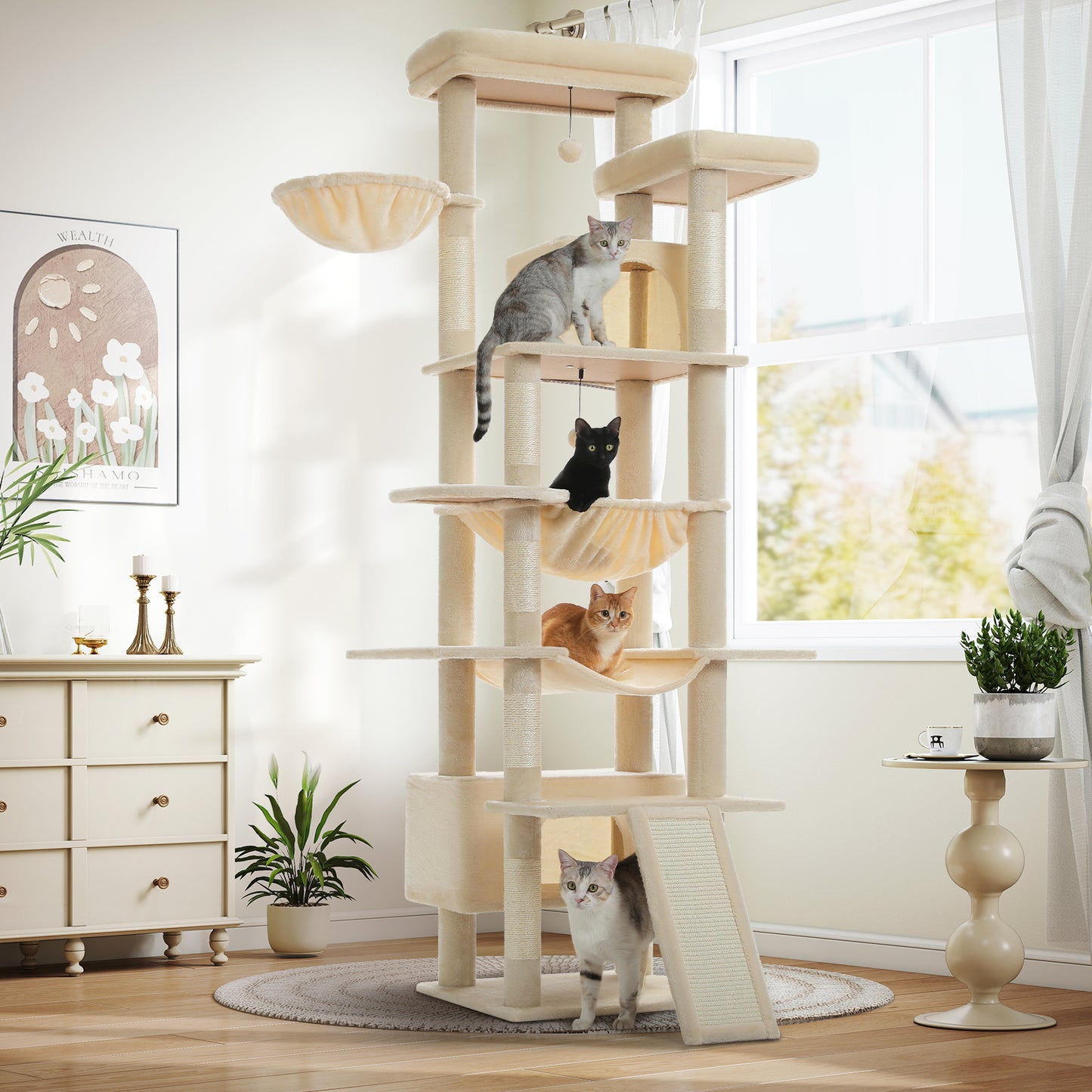 PAWZ Road 81 Zoll hoher Kratzbaum für Wohnungskatzen | Großes Modell für ausgewachsene Katzen | Mehretagiger Katzenbaum mit stabilem Metallrahmen-Hängematte | 2-in-1 Kratzrampe | 2 erhöhte Liegeflächen | 2 gemütliche Schlafhäuschen | 6 Kratzpfosten