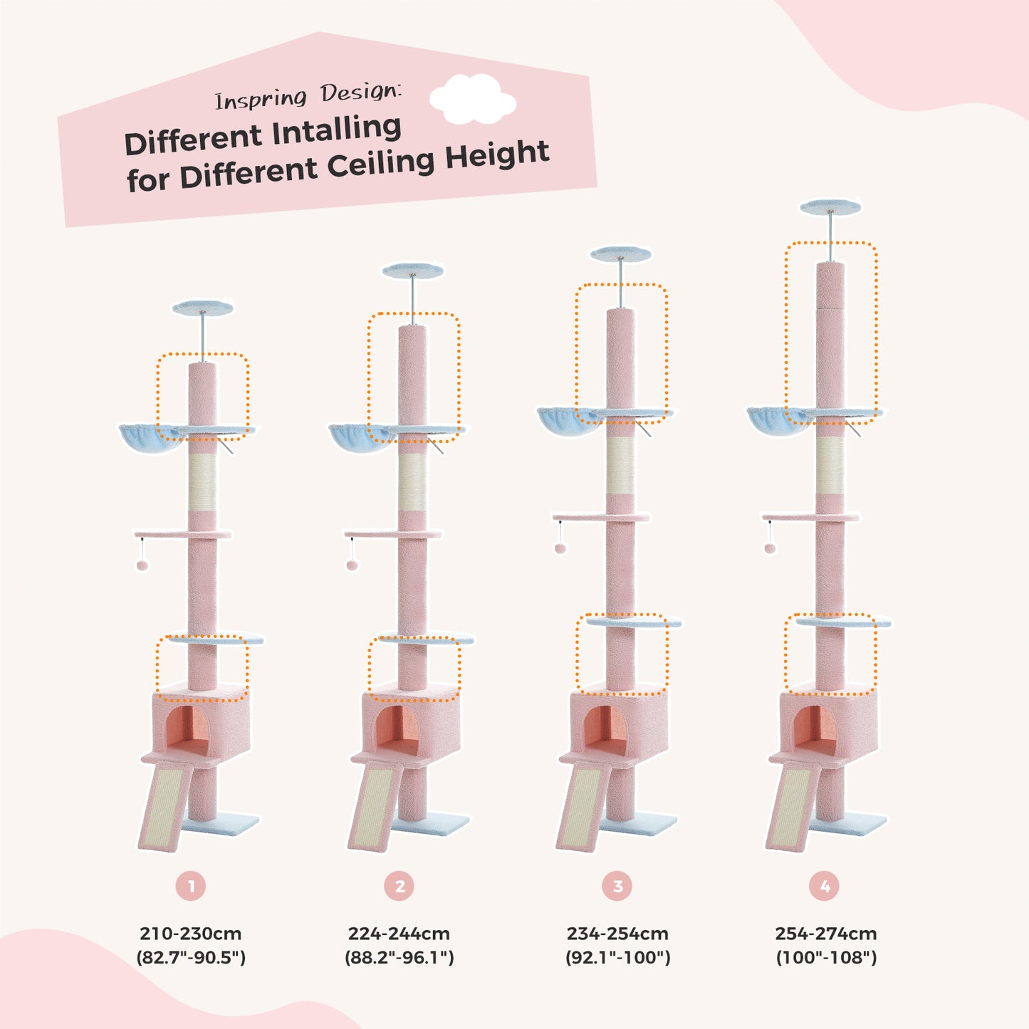 PAWZ Road Arbre à chats Cactus du sol au plafond avec hauteur réglable de 216 cm à 273 cm, Tour pour chats offrant un espace d'activité spacieux avec hamac et une cabane pour chats, ceinture anti-chute