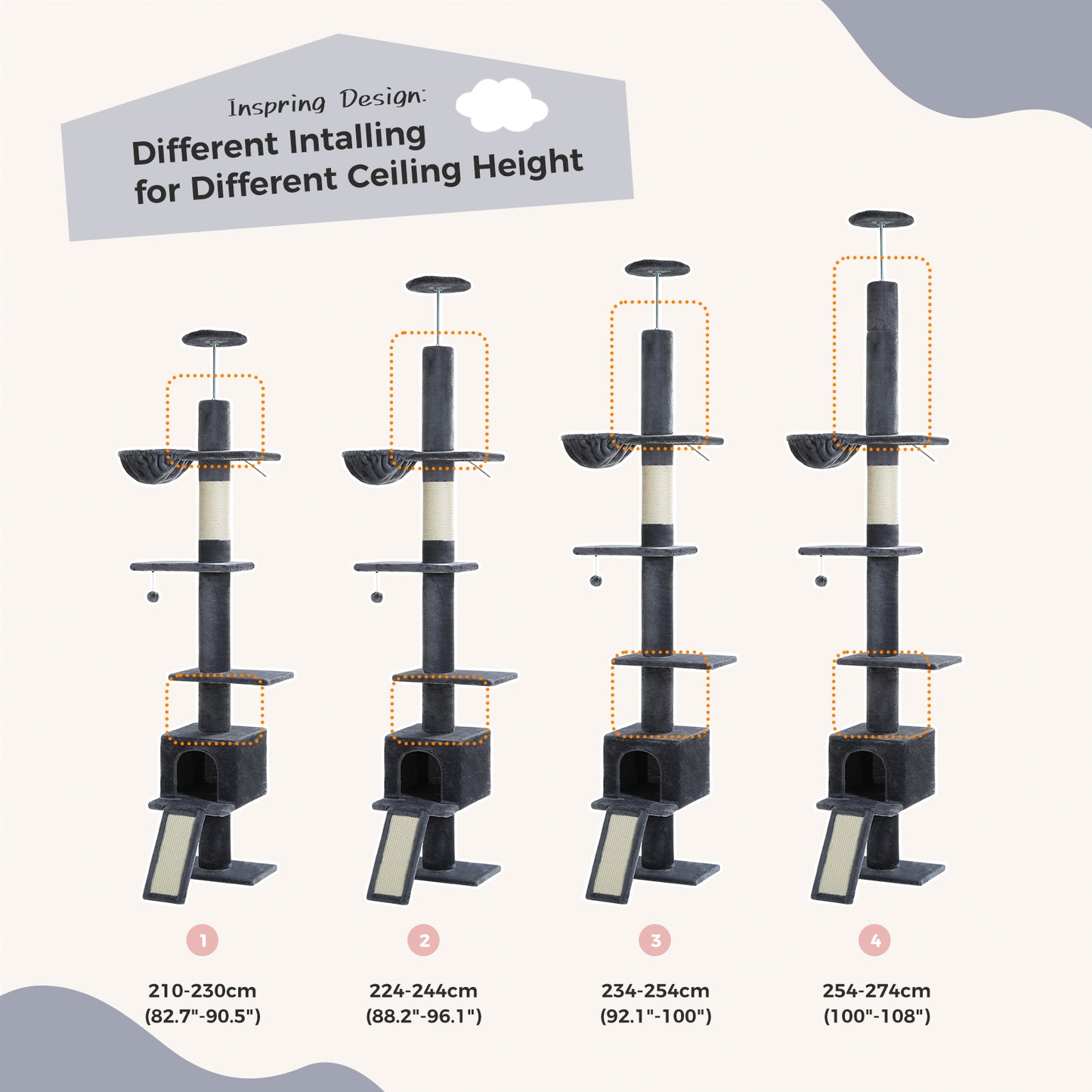 PAWZ Road Arbre à chats Cactus du sol au plafond avec hauteur réglable de 216 cm à 273 cm, Tour pour chats offrant un espace d'activité spacieux avec hamac et une cabane pour chats, ceinture anti-chute