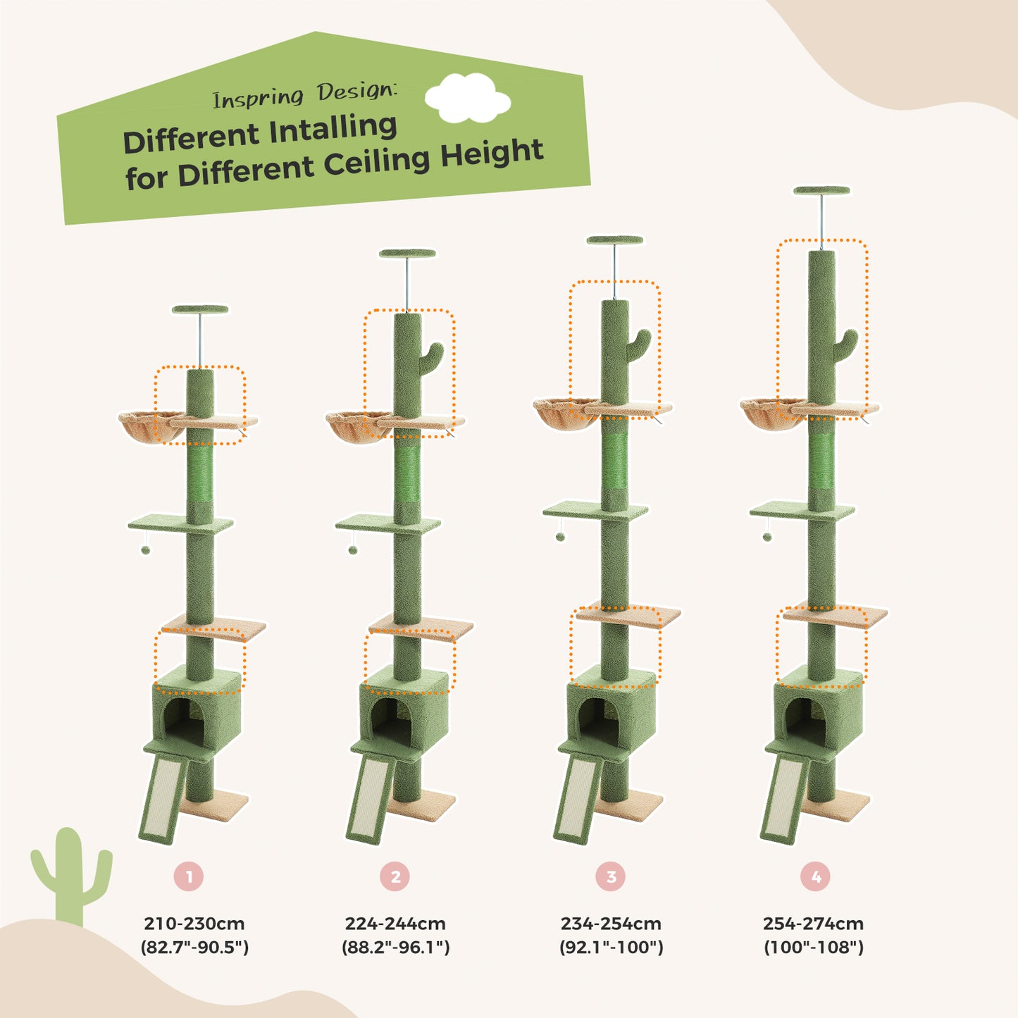 PAWZ Road Arbre à chats Cactus du sol au plafond avec hauteur réglable de 216 cm à 273 cm, Tour pour chats offrant un espace d'activité spacieux avec hamac et une cabane pour chats, ceinture anti-chute