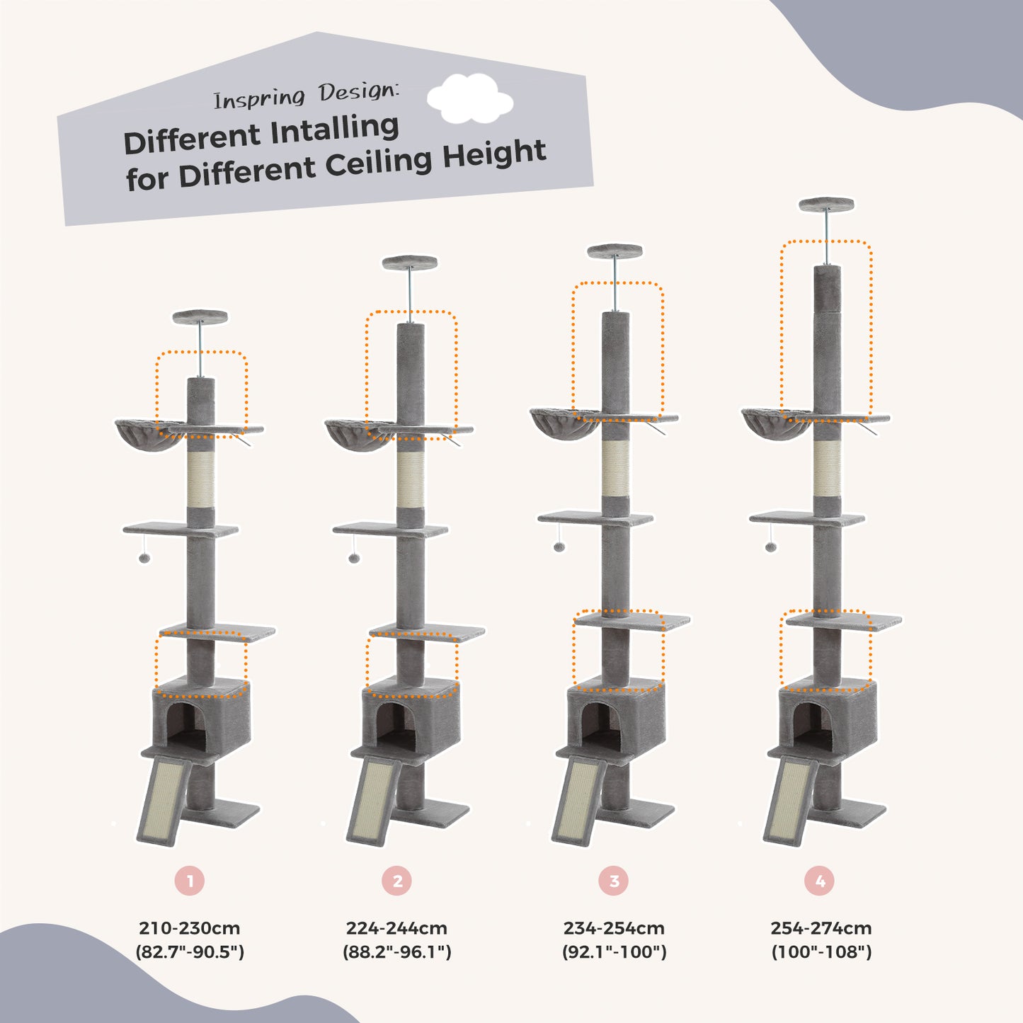 PAWZ Road Arbre à chats Cactus du sol au plafond avec hauteur réglable de 216 cm à 273 cm, Tour pour chats offrant un espace d'activité spacieux avec hamac et une cabane pour chats, ceinture anti-chute