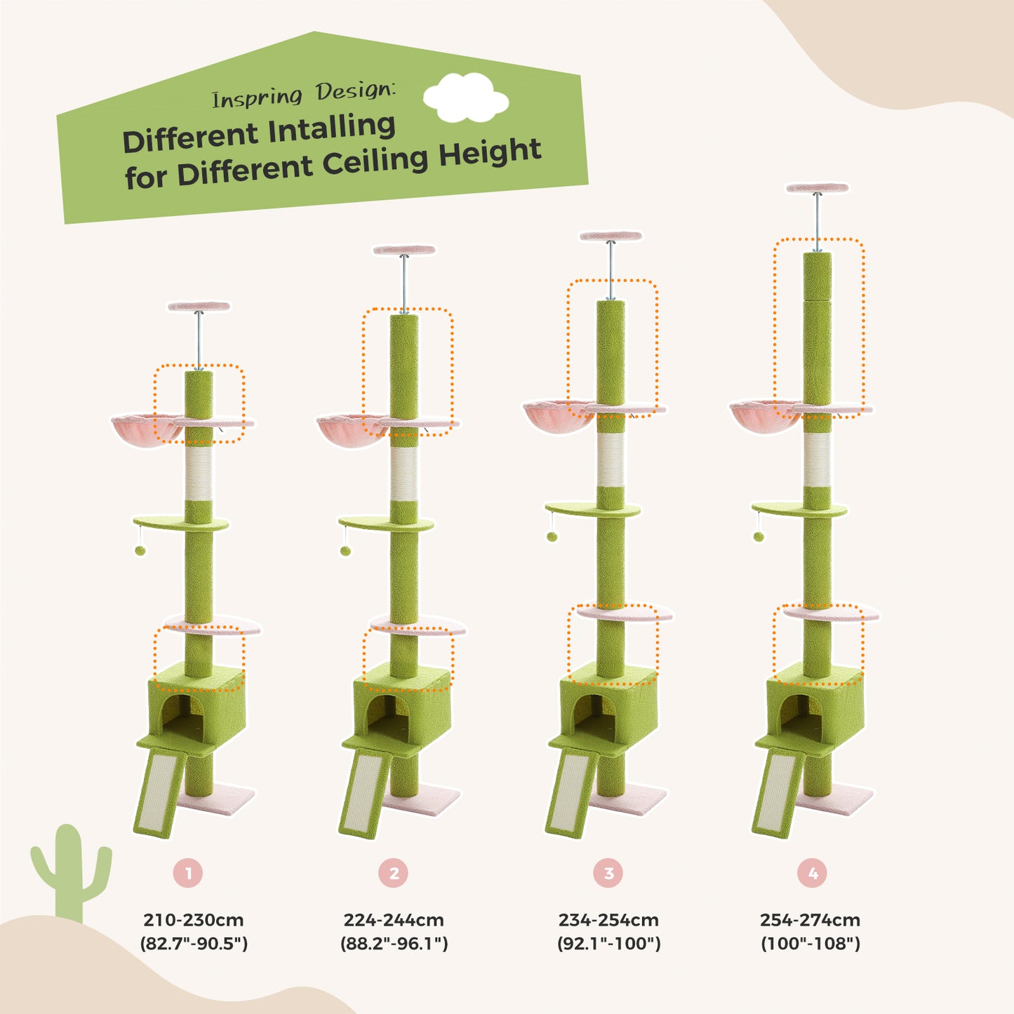 PAWZ Road Arbre à chats Cactus du sol au plafond avec hauteur réglable de 216 cm à 273 cm, Tour pour chats offrant un espace d'activité spacieux avec hamac et une cabane pour chats, ceinture anti-chute